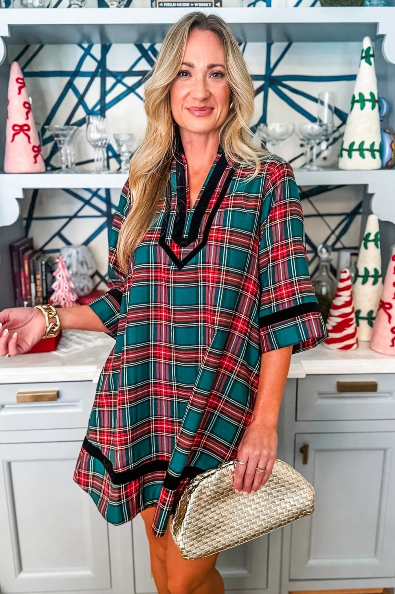 Plaid Velvet Trim Mini Dress with Pockets | Zarnesh - Zarnesh - Dresses/Mini Dresses