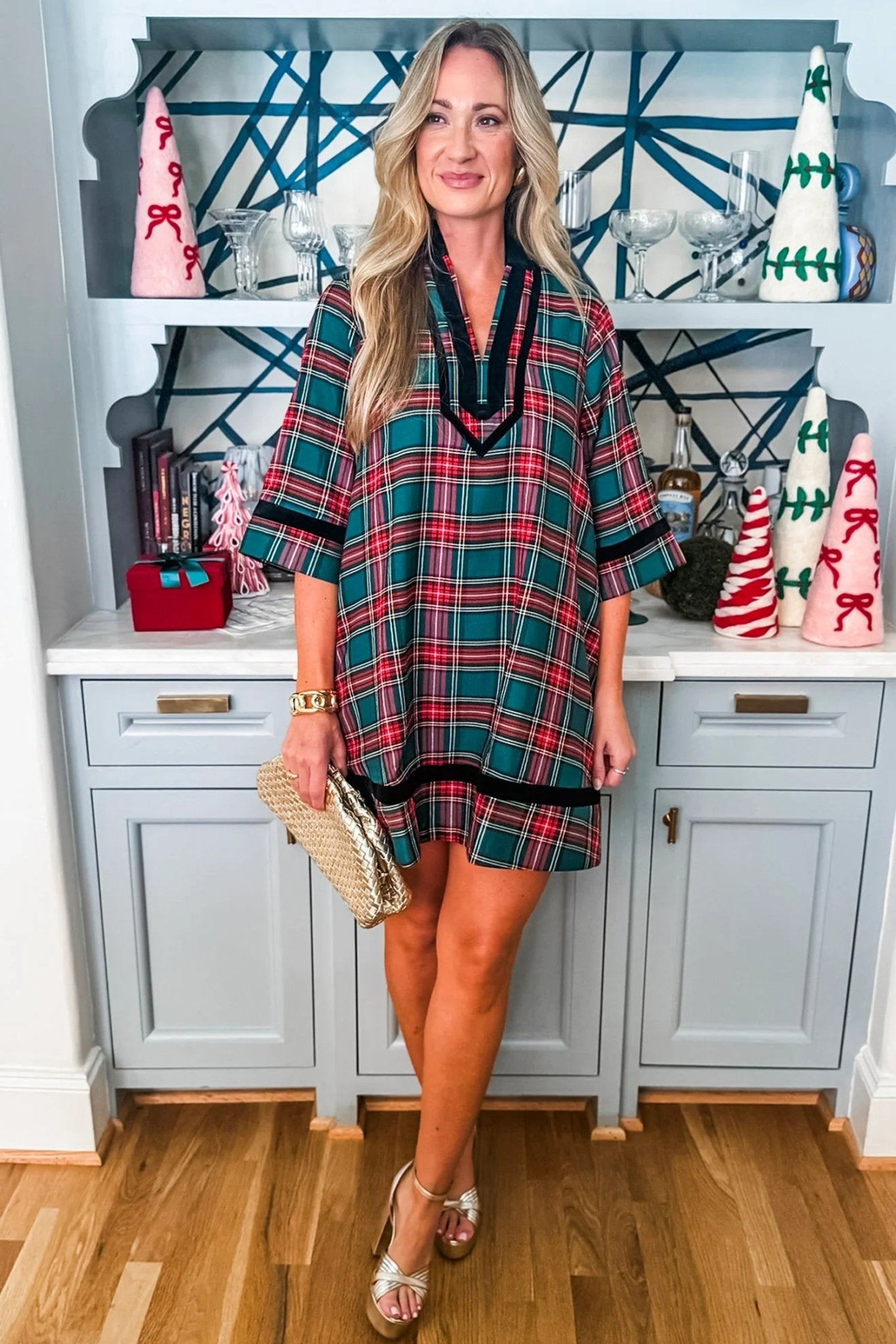 Plaid Velvet Trim Mini Dress with Pockets | Zarnesh - Zarnesh - Dresses/Mini Dresses