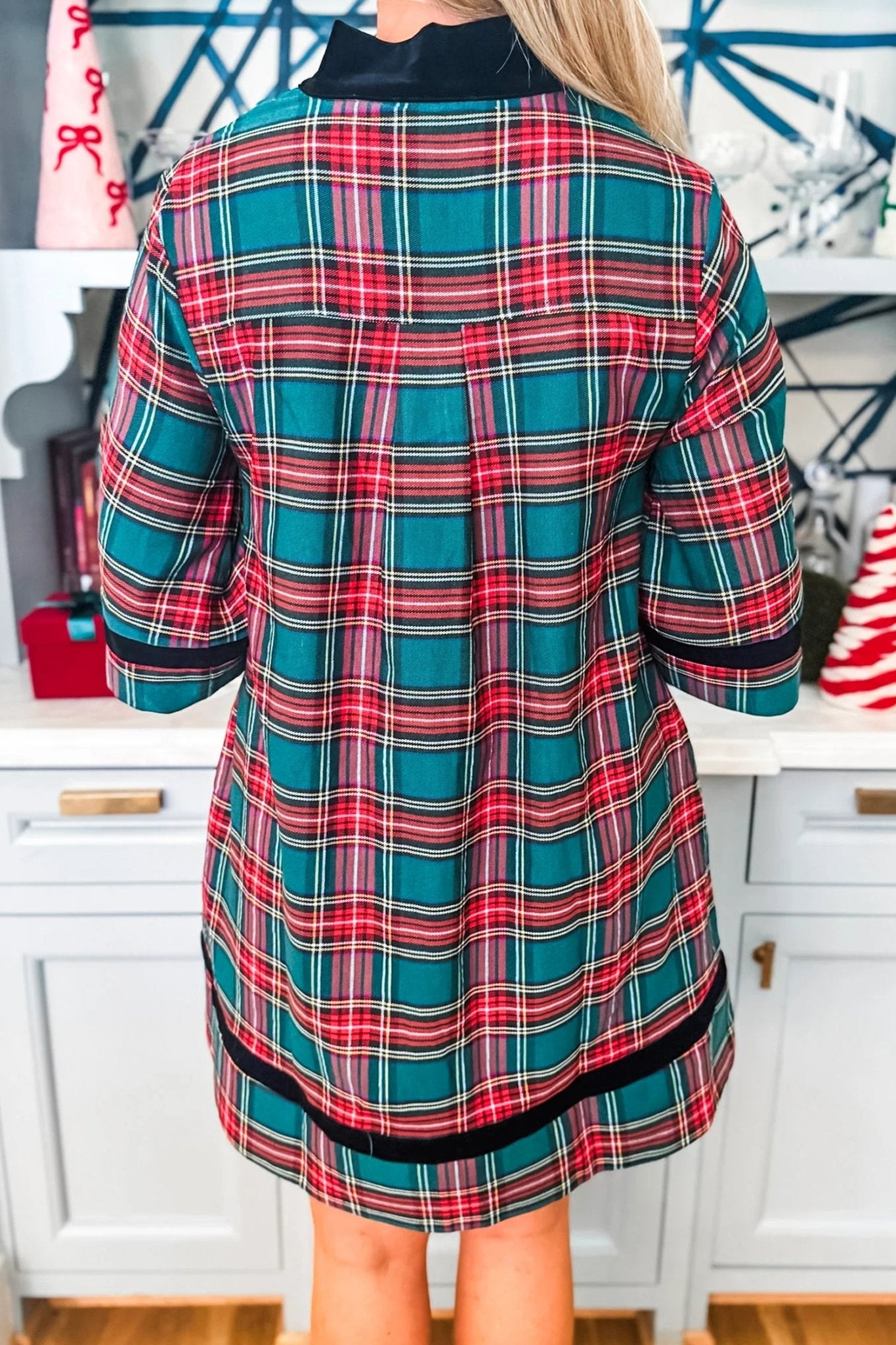 Plaid Velvet Trim Mini Dress with Pockets | Zarnesh - Zarnesh - Dresses/Mini Dresses