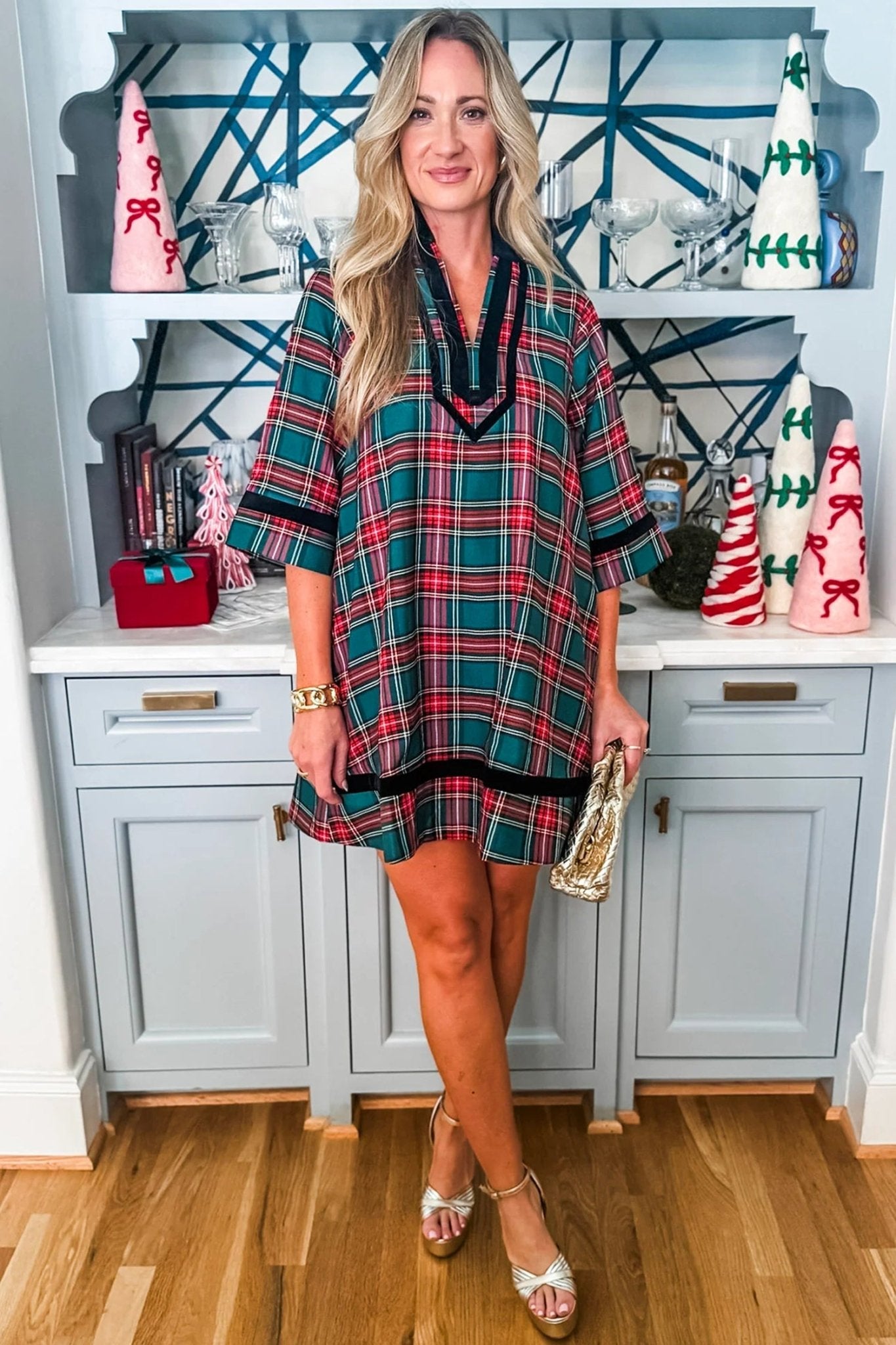 Plaid Velvet Trim Mini Dress with Pockets | Zarnesh - Zarnesh - Dresses/Mini Dresses