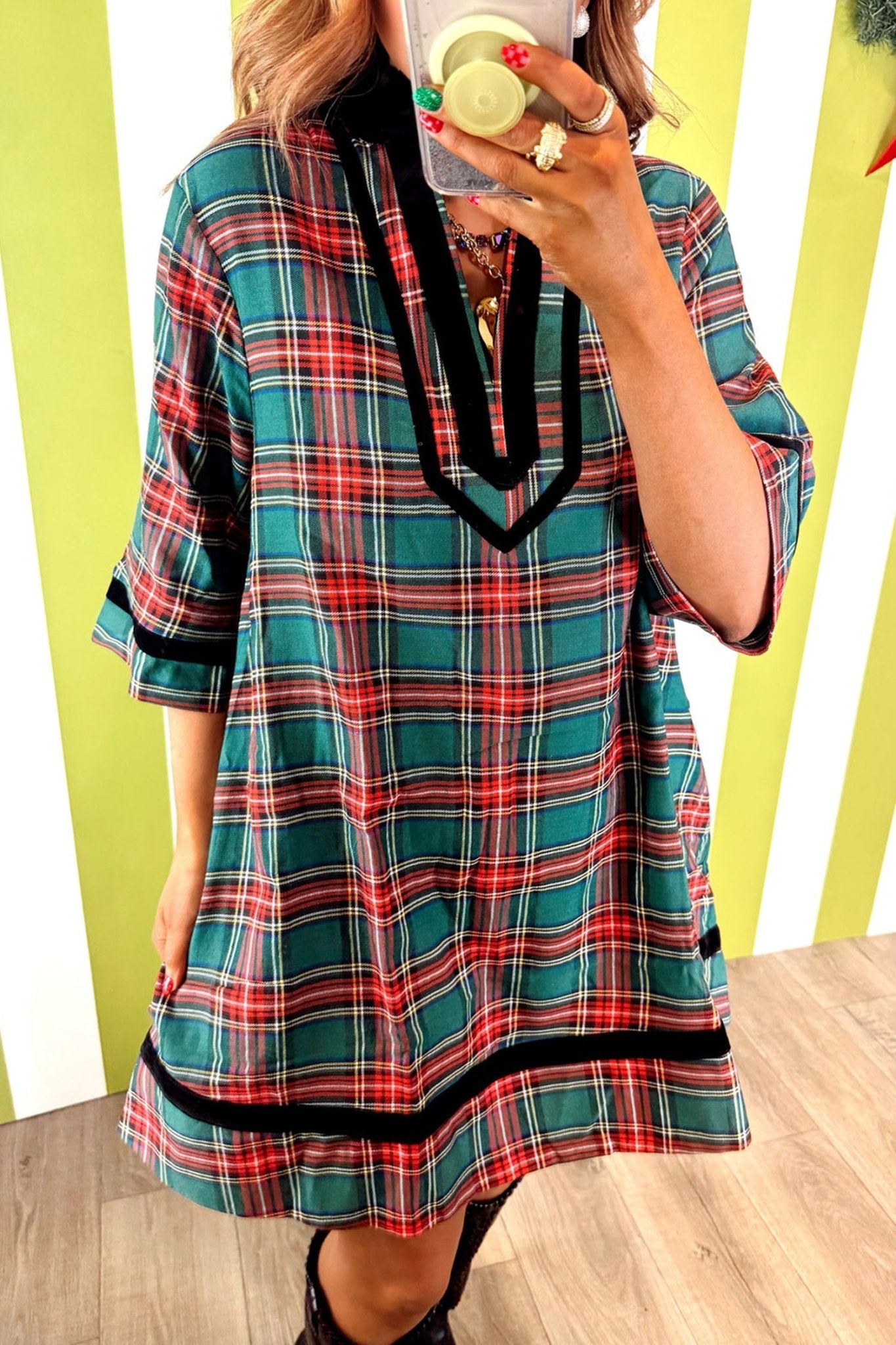 Plaid Velvet Trim Mini Dress with Pockets | Zarnesh - Zarnesh - Dresses/Mini Dresses