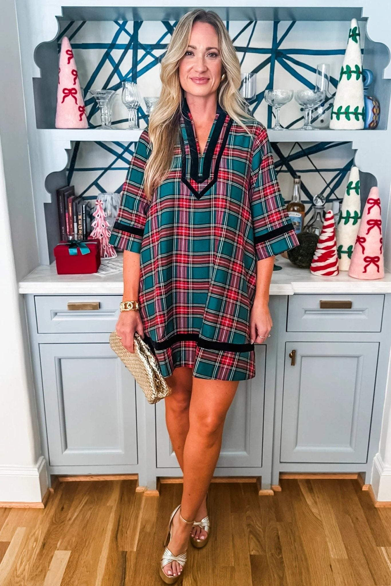 Plaid Velvet Trim Mini Dress with Pockets | Zarnesh - Zarnesh - Dresses/Mini Dresses