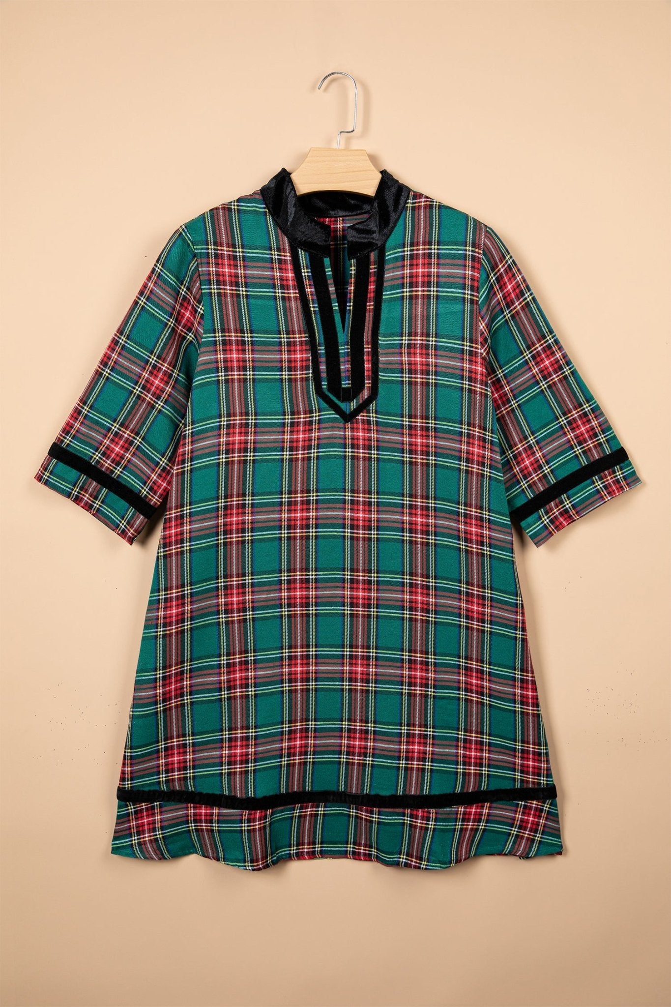 Plaid Velvet Trim Mini Dress with Pockets | Zarnesh - Zarnesh - Dresses/Mini Dresses