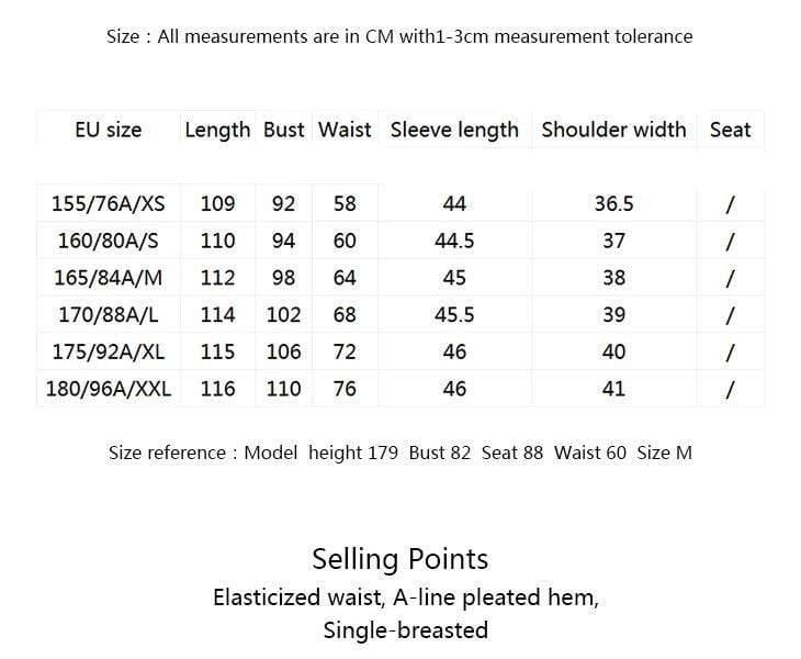 Measurement chart for clothing sizes in centimeters with a white background