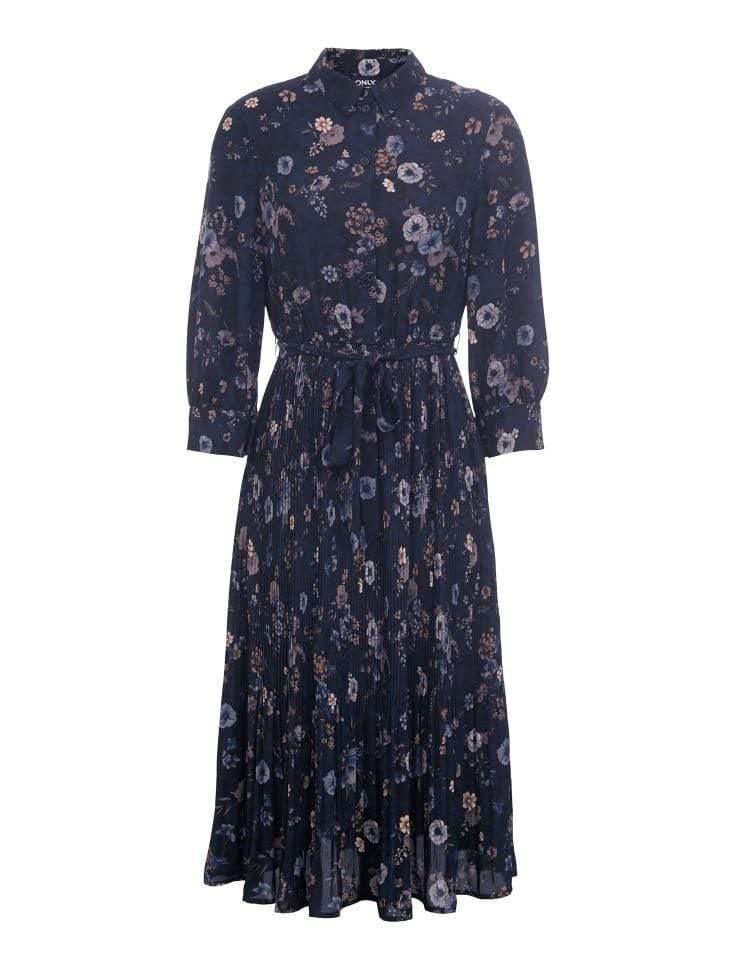 Navy floral dress on a white background
