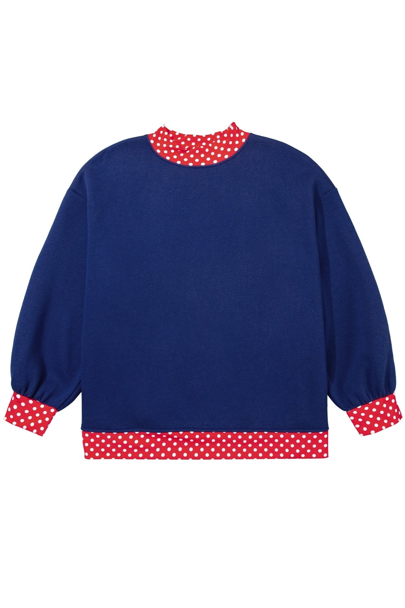 Navy blue long-sleeve sweater with red-white polka-dot trim on collar, cuffs, and hem against white.