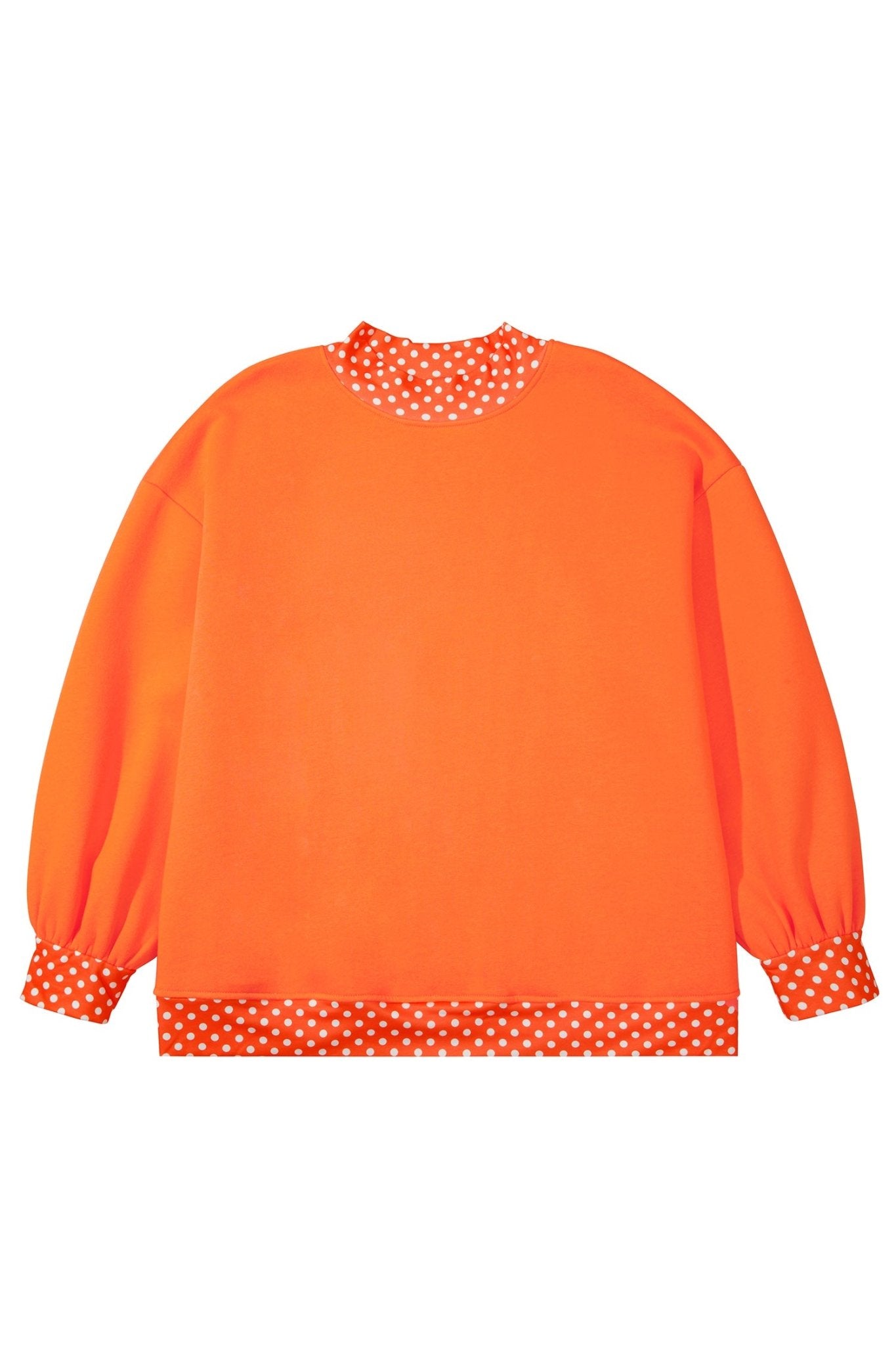 Bright orange crewneck sweatshirt with contrasting white polka-dot trim on collar, cuffs, and hem, flat on white.