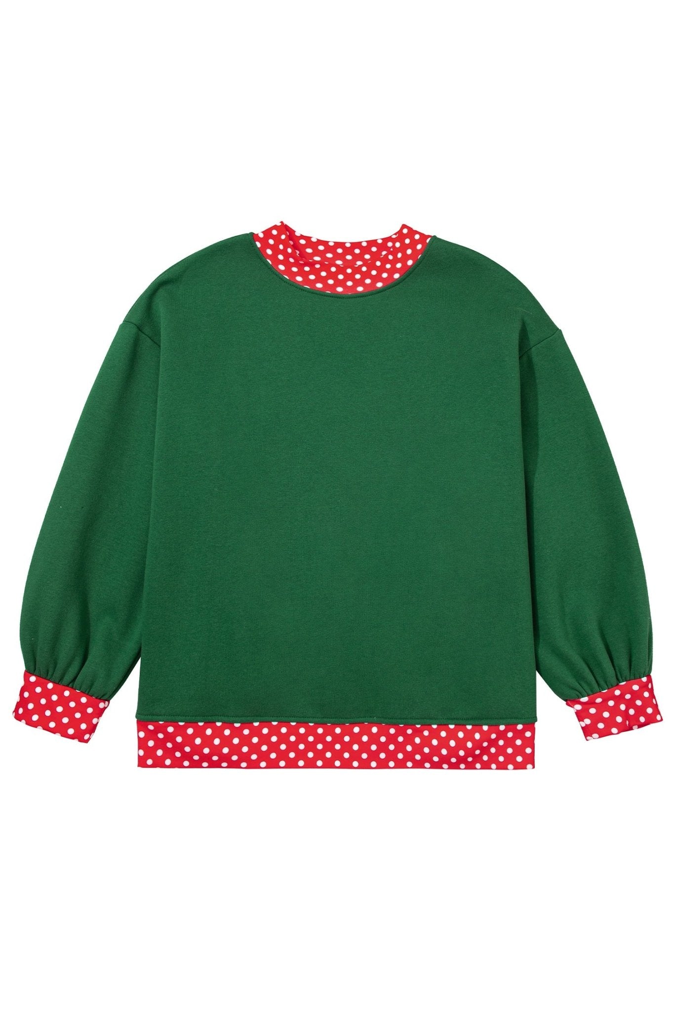 Green long-sleeve crewneck sweatshirt with red-white polka-dot trim on collar, cuffs, and hem, flat on white.