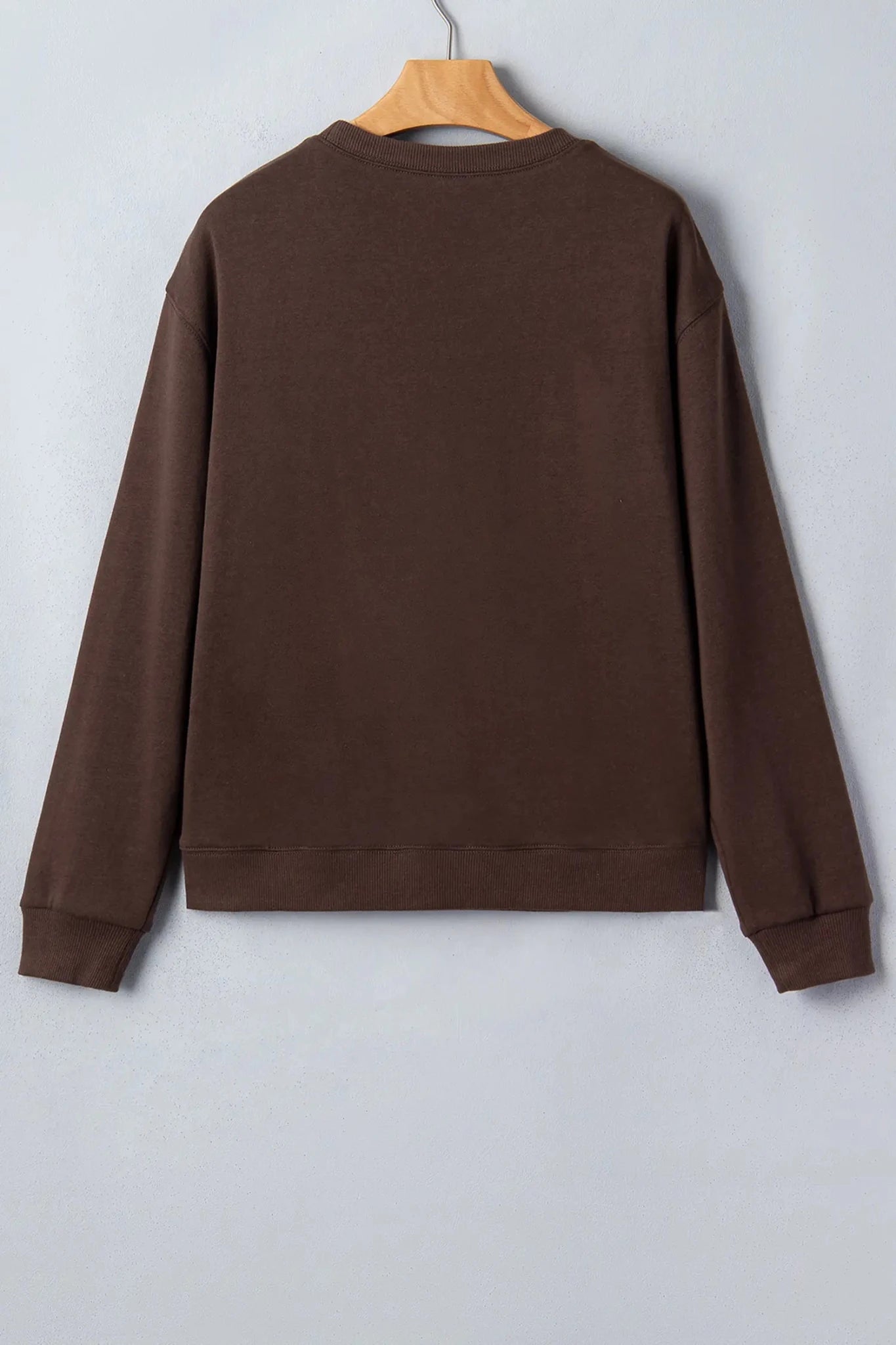 Back view of dark brown crewneck sweatshirt on wooden hanger.