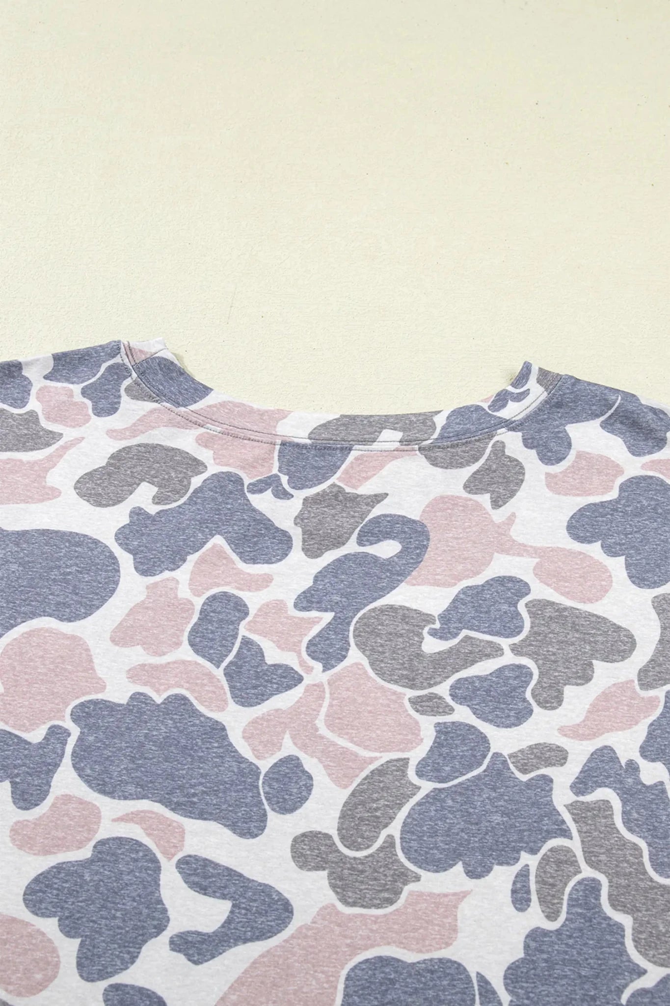 Pink, gray, and blue-gray abstract camouflage crewneck t-shirt.