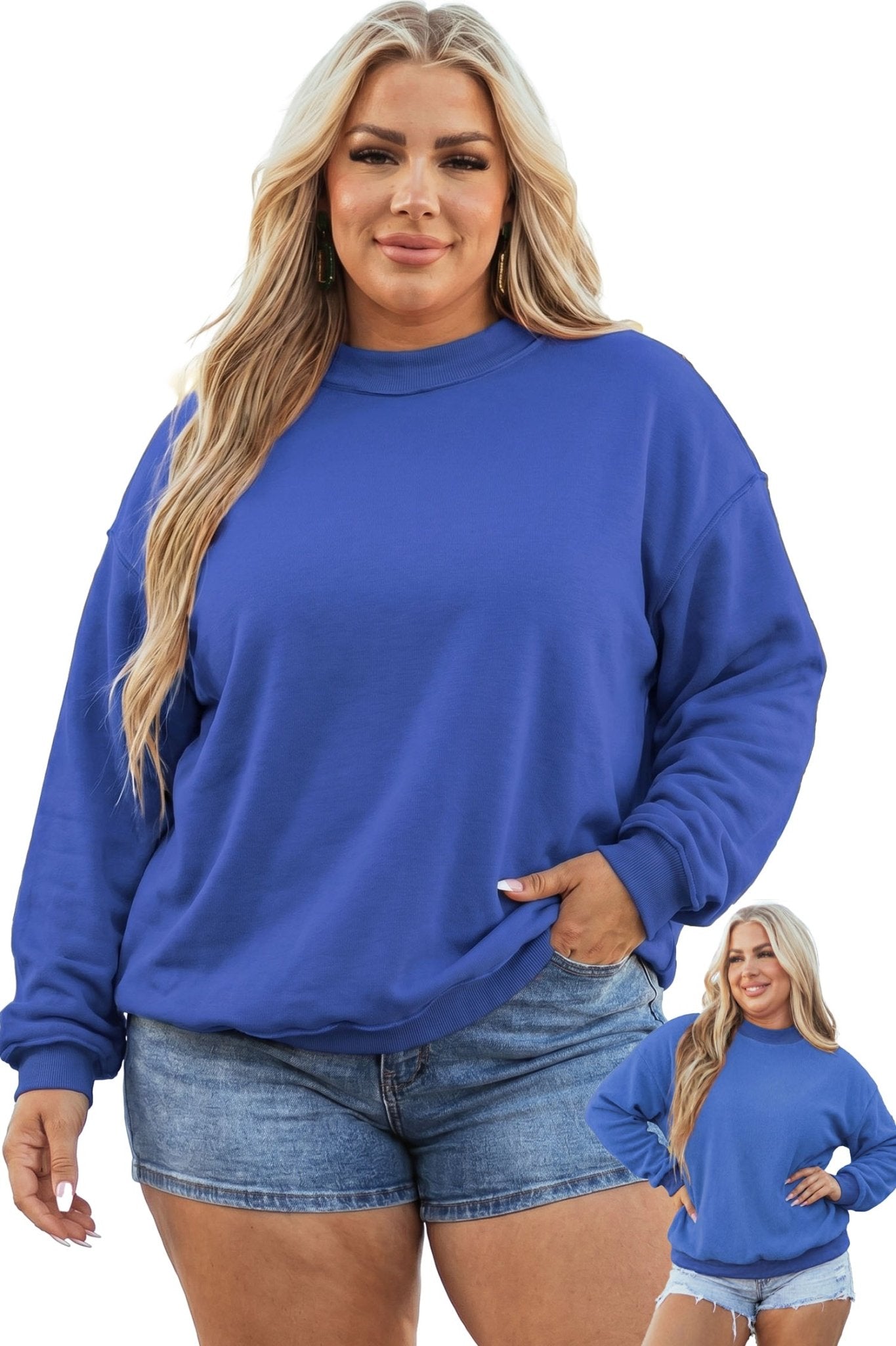 Woman modeling royal blue crewneck sweatshirt with denim shorts against white, with a model inset.