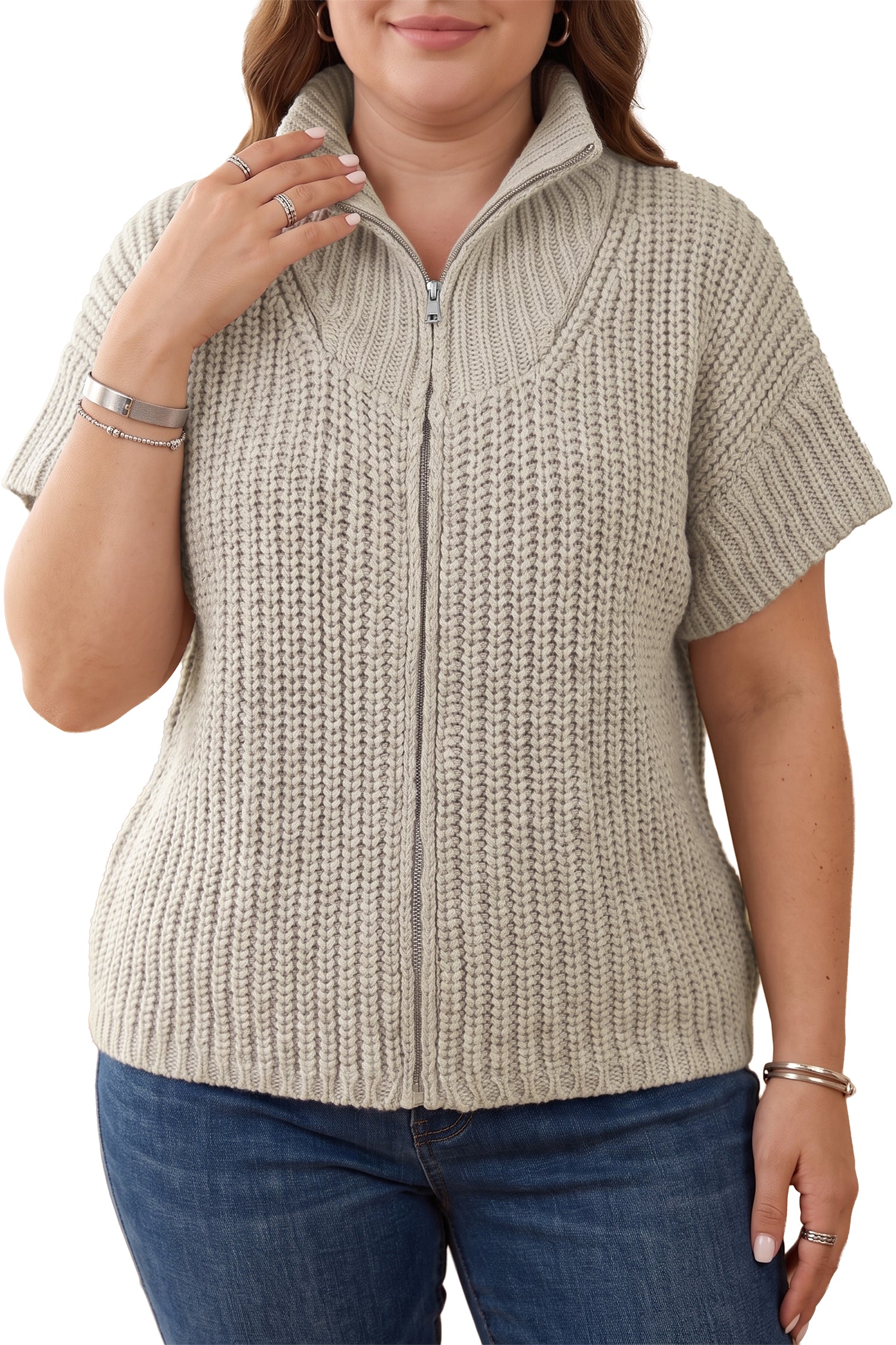 Close-up of fold-over collar and front zipper on plus size gray ribbed knit sweater