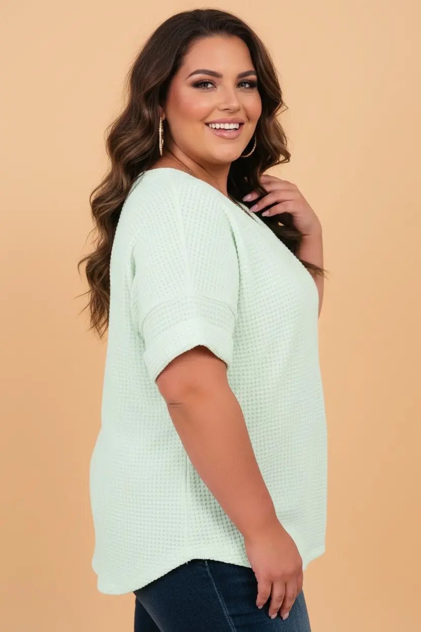 Plus Size Knit Waffle Solid Short Sleeve Top | Zarnesh