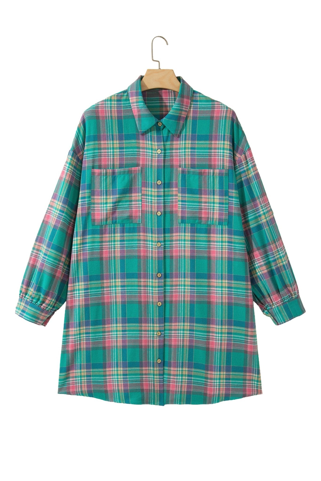 Green plaid button-up shirt dress with pink and yellow stripes on a wooden hanger.