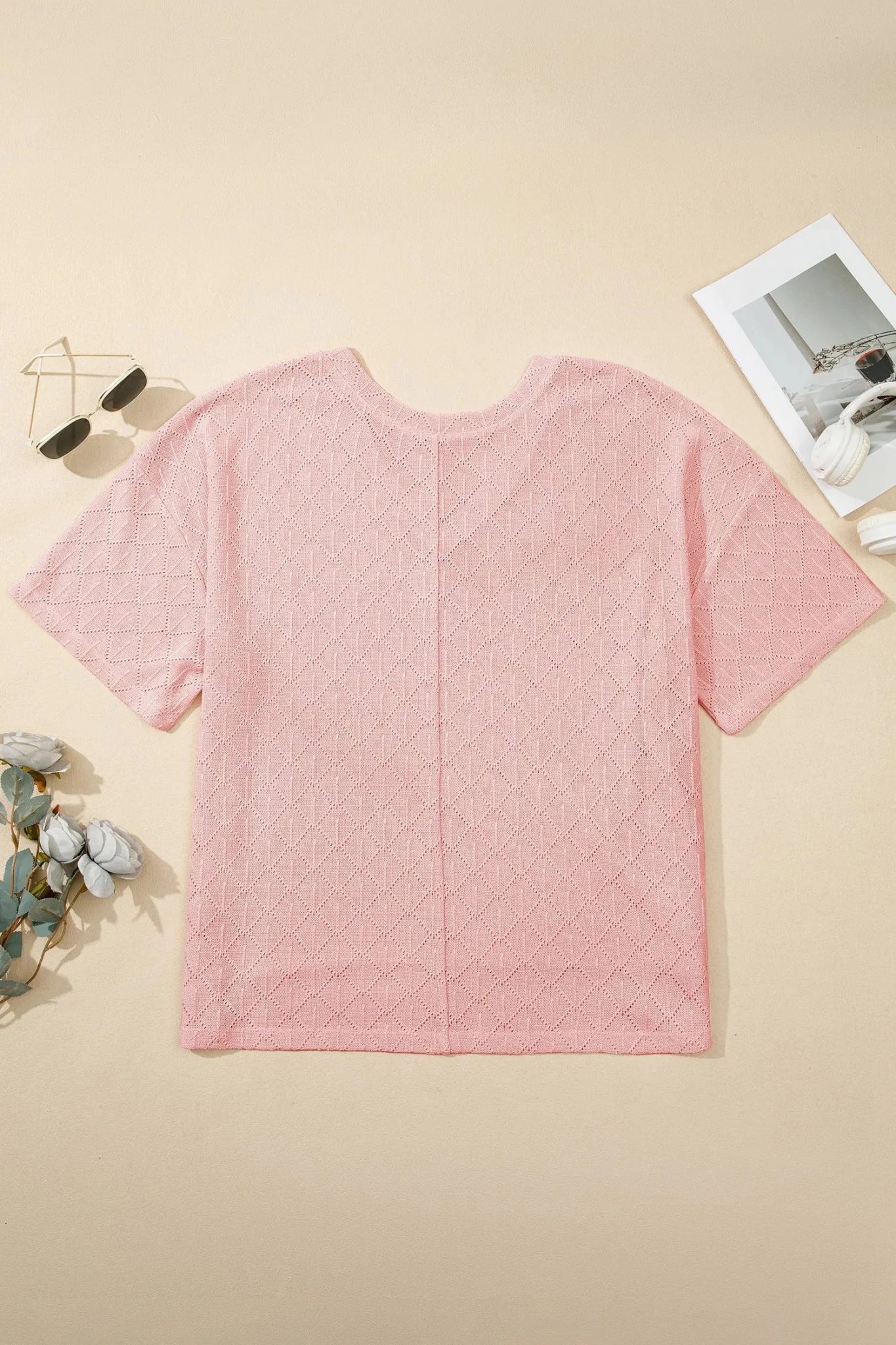 Plus Size V-Neck Pointelle Rhombus Loose Top | Zarnesh