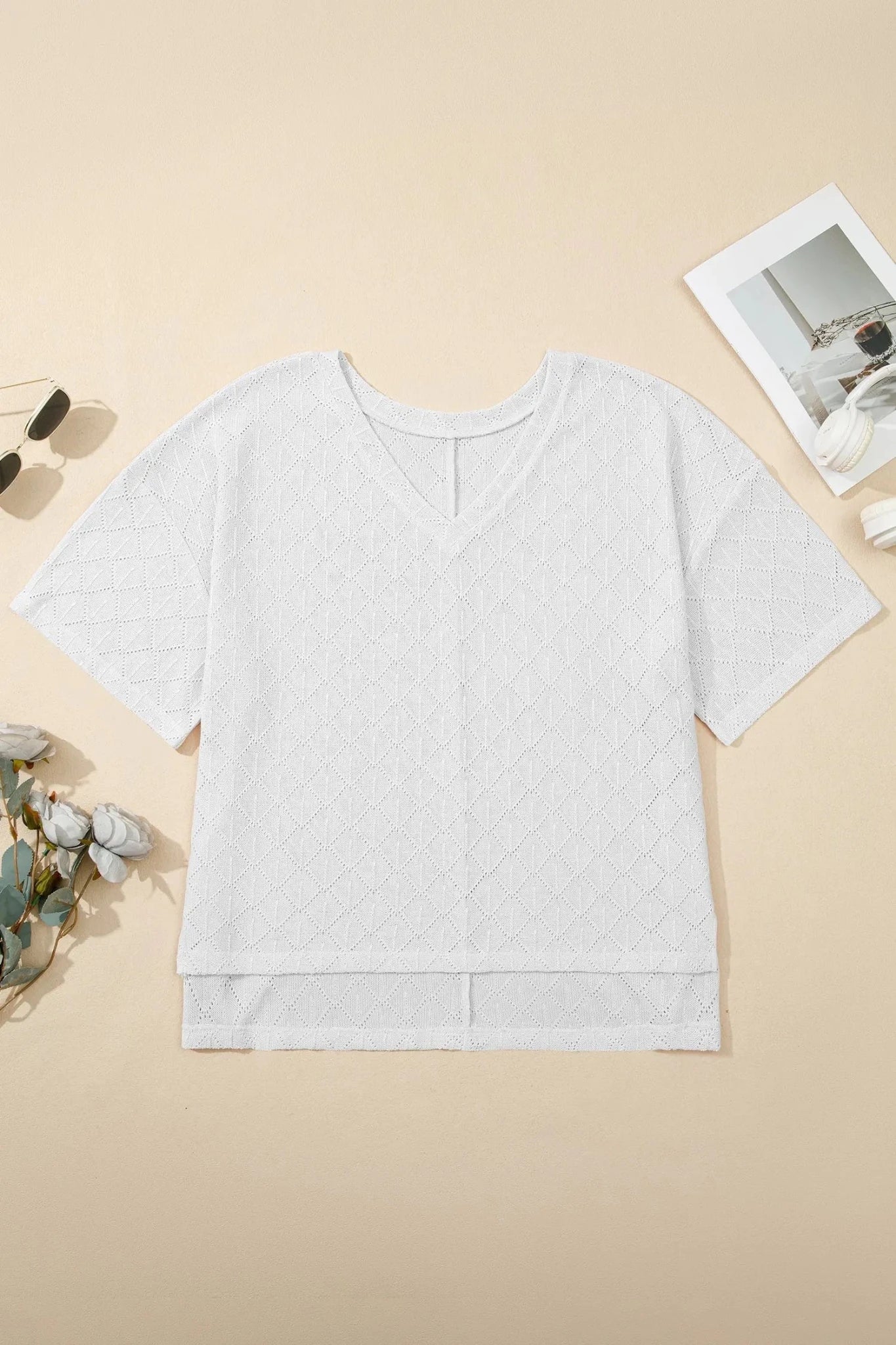 Plus Size V-Neck Pointelle Rhombus Loose Top | Zarnesh
