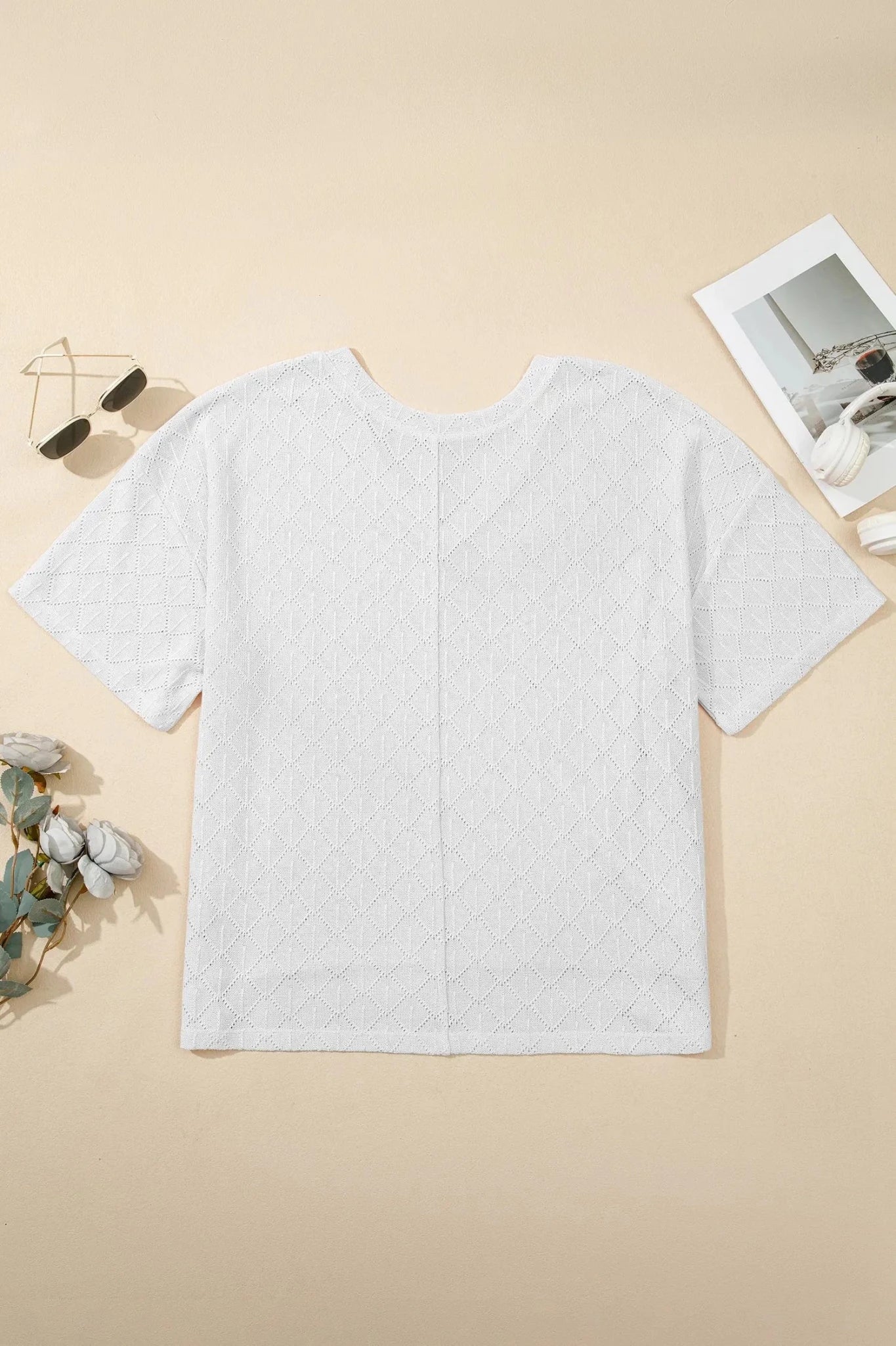Plus Size V-Neck Pointelle Rhombus Loose Top | Zarnesh