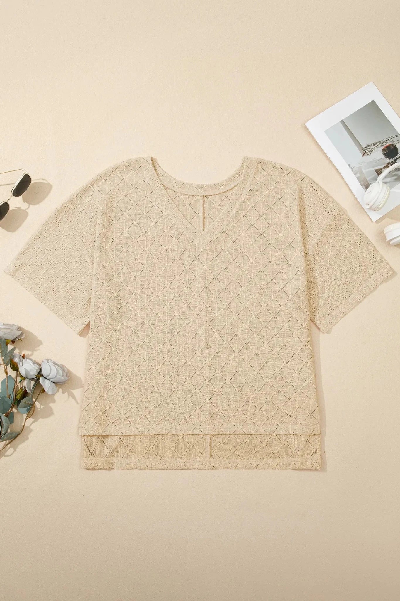 Plus Size V-Neck Pointelle Rhombus Loose Top | Zarnesh