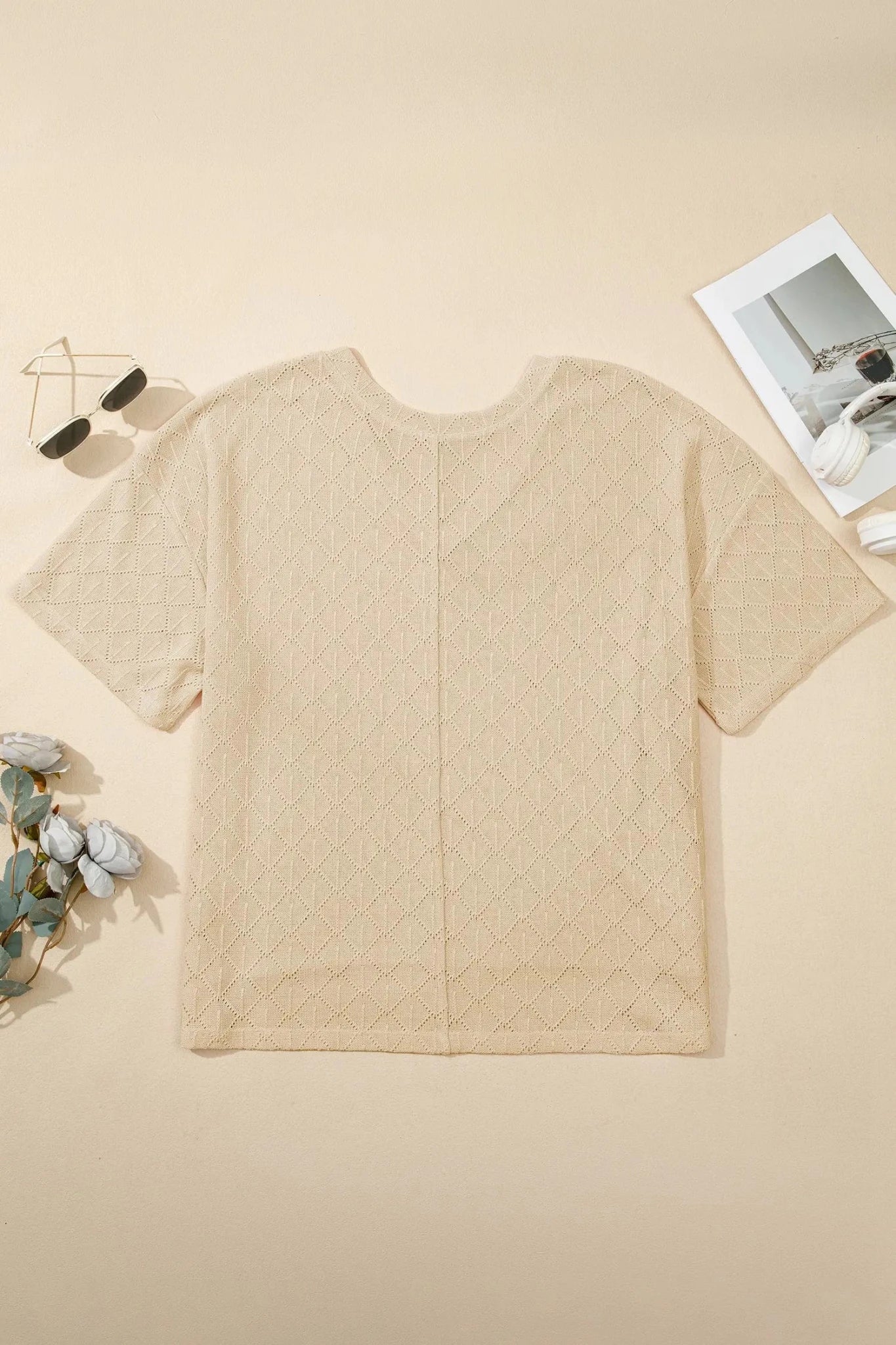 Plus Size V-Neck Pointelle Rhombus Loose Top | Zarnesh