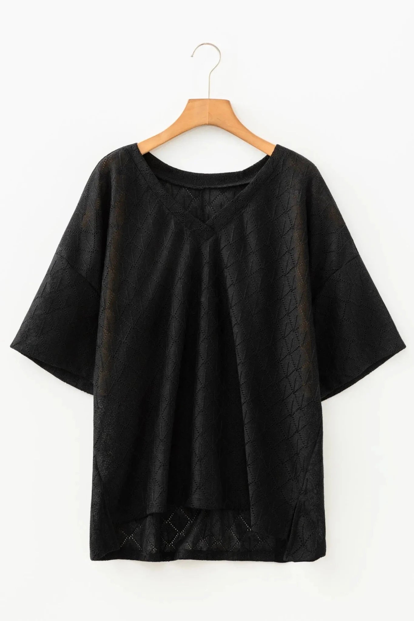 Plus Size V-Neck Pointelle Rhombus Loose Top | Zarnesh