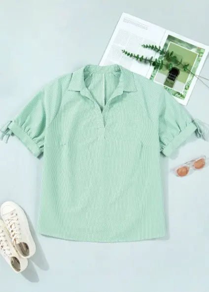Plus Size V-Neck Stripe Collar Short Sleeve Top | Zarnesh