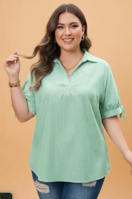 Plus Size V-Neck Stripe Collar Short Sleeve Top | Zarnesh