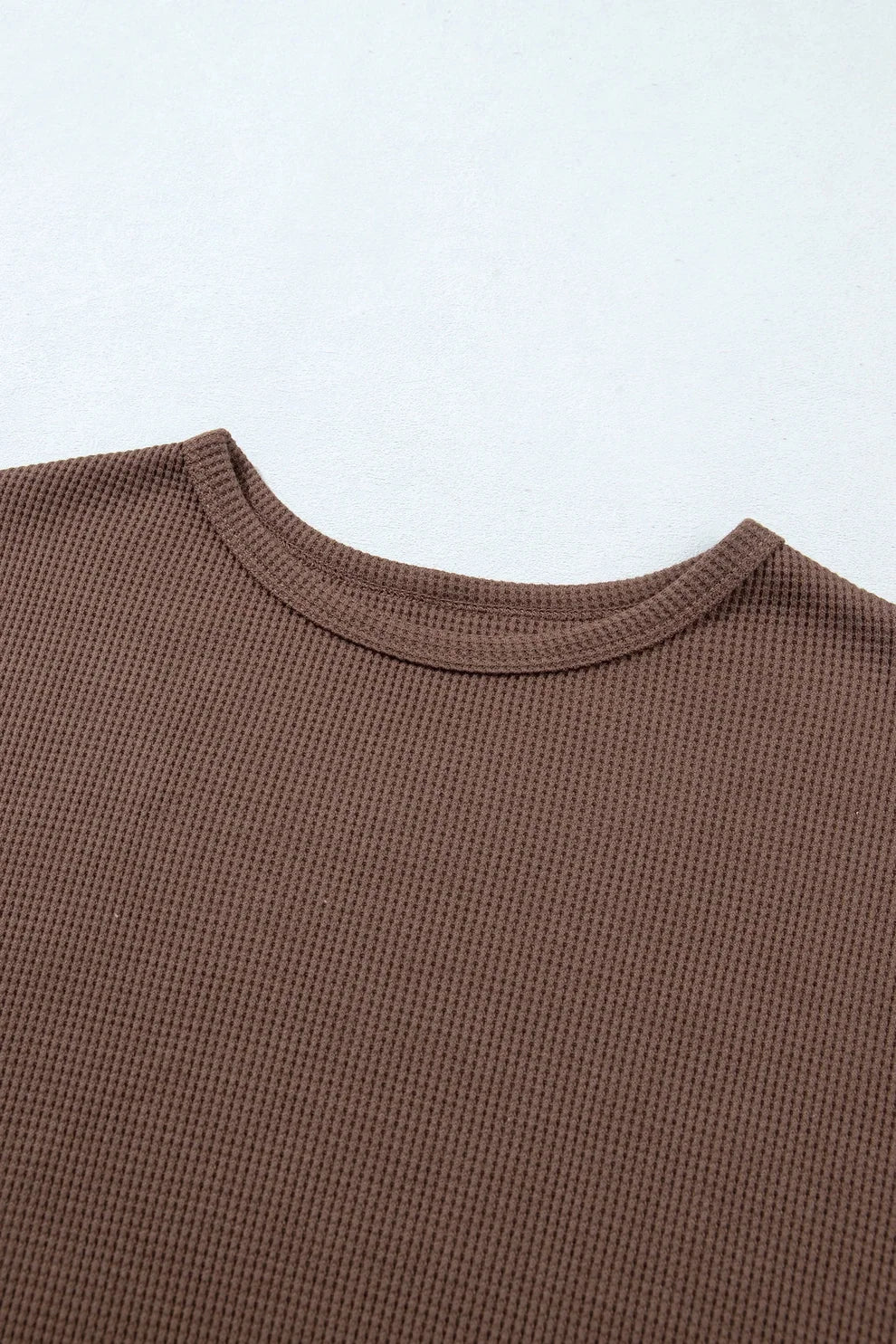 Coffee waffle knit top round neckline detail