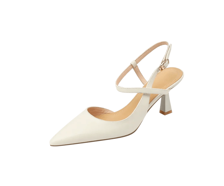 White high-heeled shoe with a slingback design on a white background