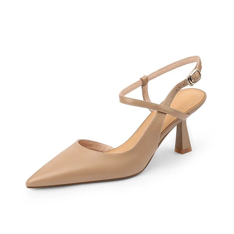 Beige high-heeled shoe with slingback design on a white background