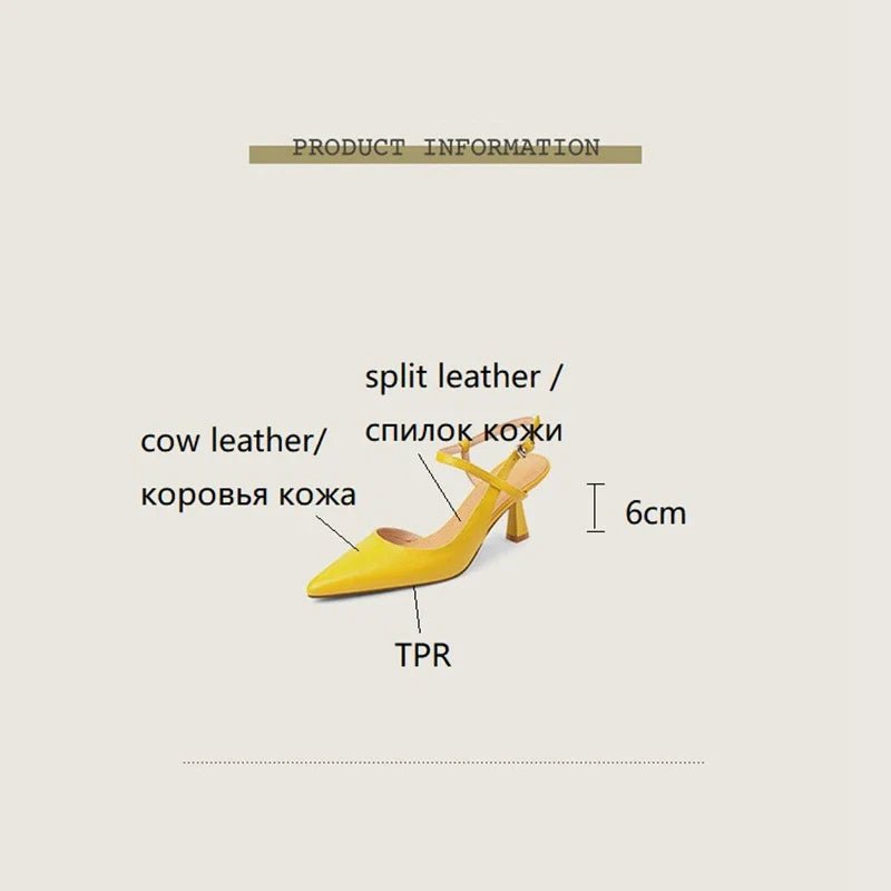Yellow high-heeled shoe with product information text on a beige background