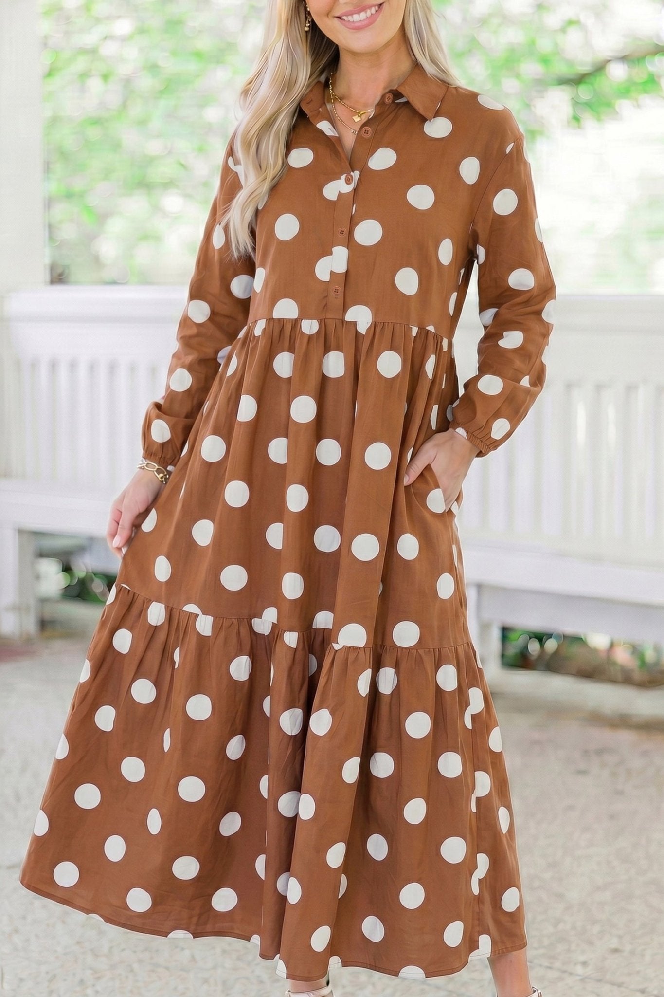 Polka Dot Collar Tiered Maxi Dress with Pockets | Zarnesh - Zarnesh - Dresses/Midi Dresses