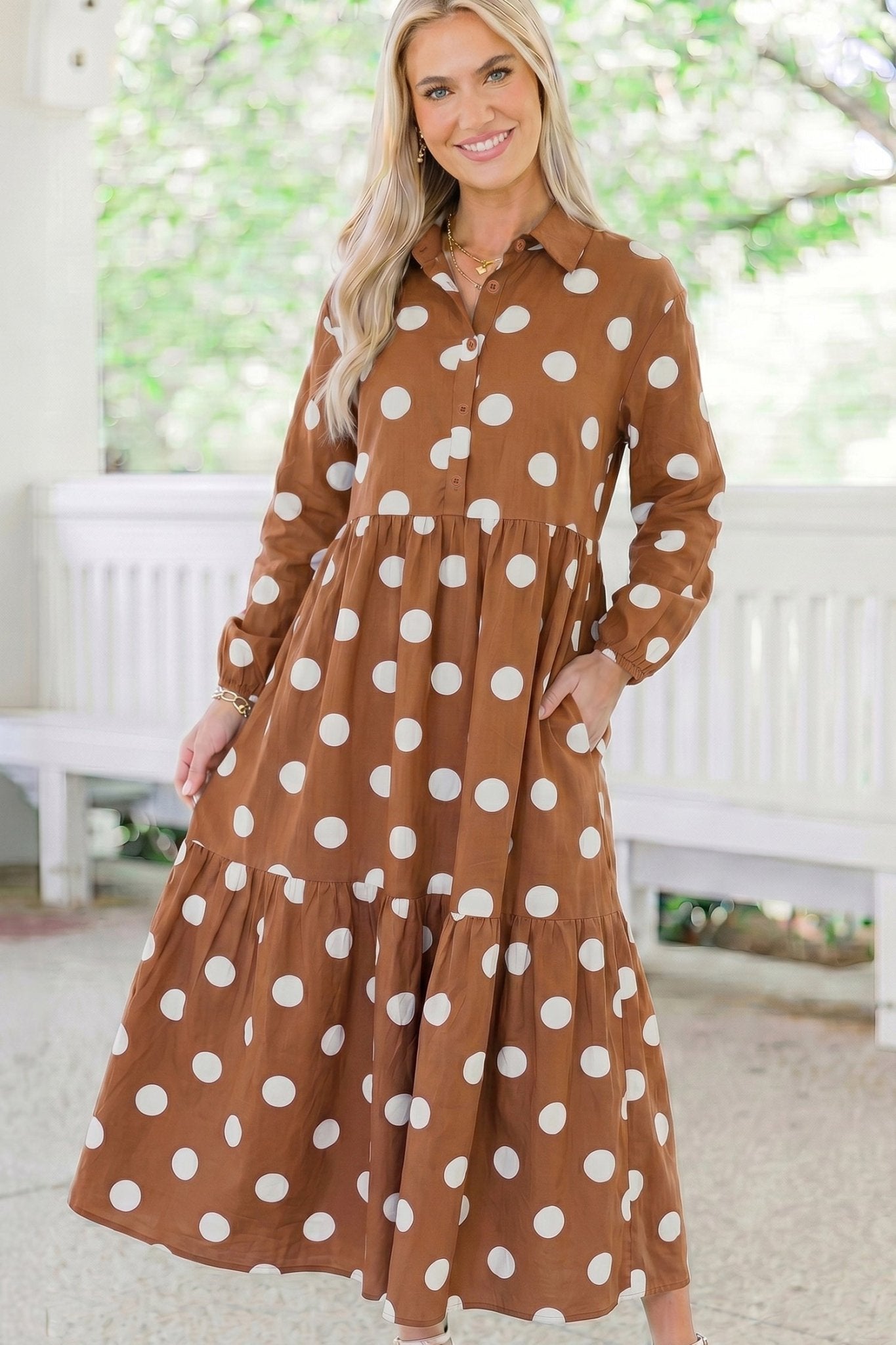 Polka Dot Collar Tiered Maxi Dress with Pockets | Zarnesh - Zarnesh - Dresses/Midi Dresses