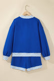 Royal blue lounge set with sweatshirt and shorts, featuring white-blue polka-dot trim, shown from back.