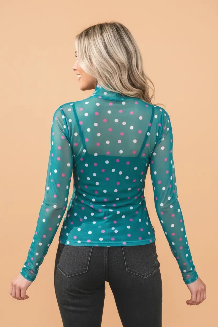 Polka Dot Mock Neck Bodycon Long Sleeve Top | Zarnesh