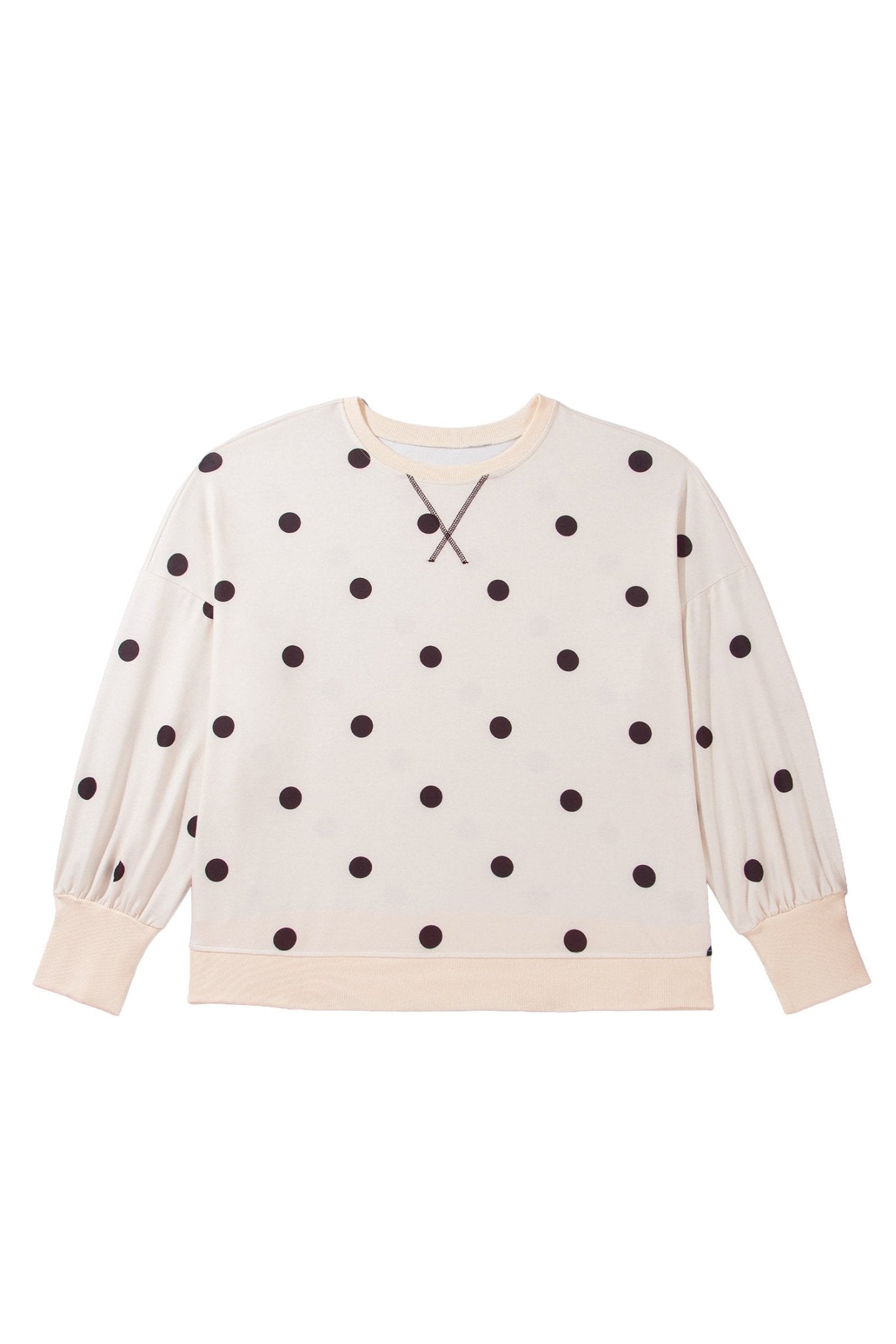 Cream long-sleeve sweatshirt with black polka dots, crossed necklaces chest graphic, and ribbed cuffs and hem.