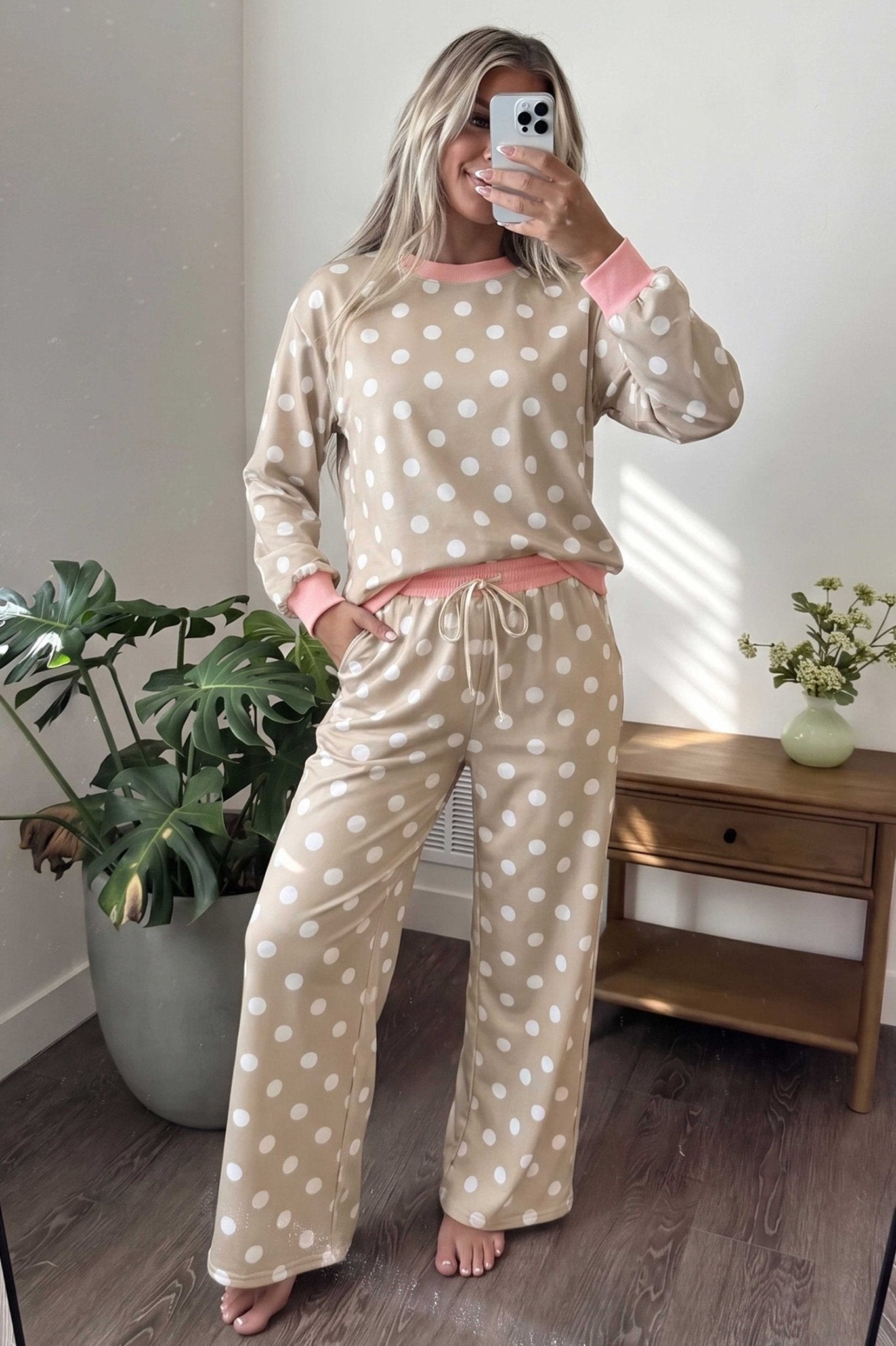 Polka Dot Pink Trim Sweatshirt Pants Set | Zarnesh