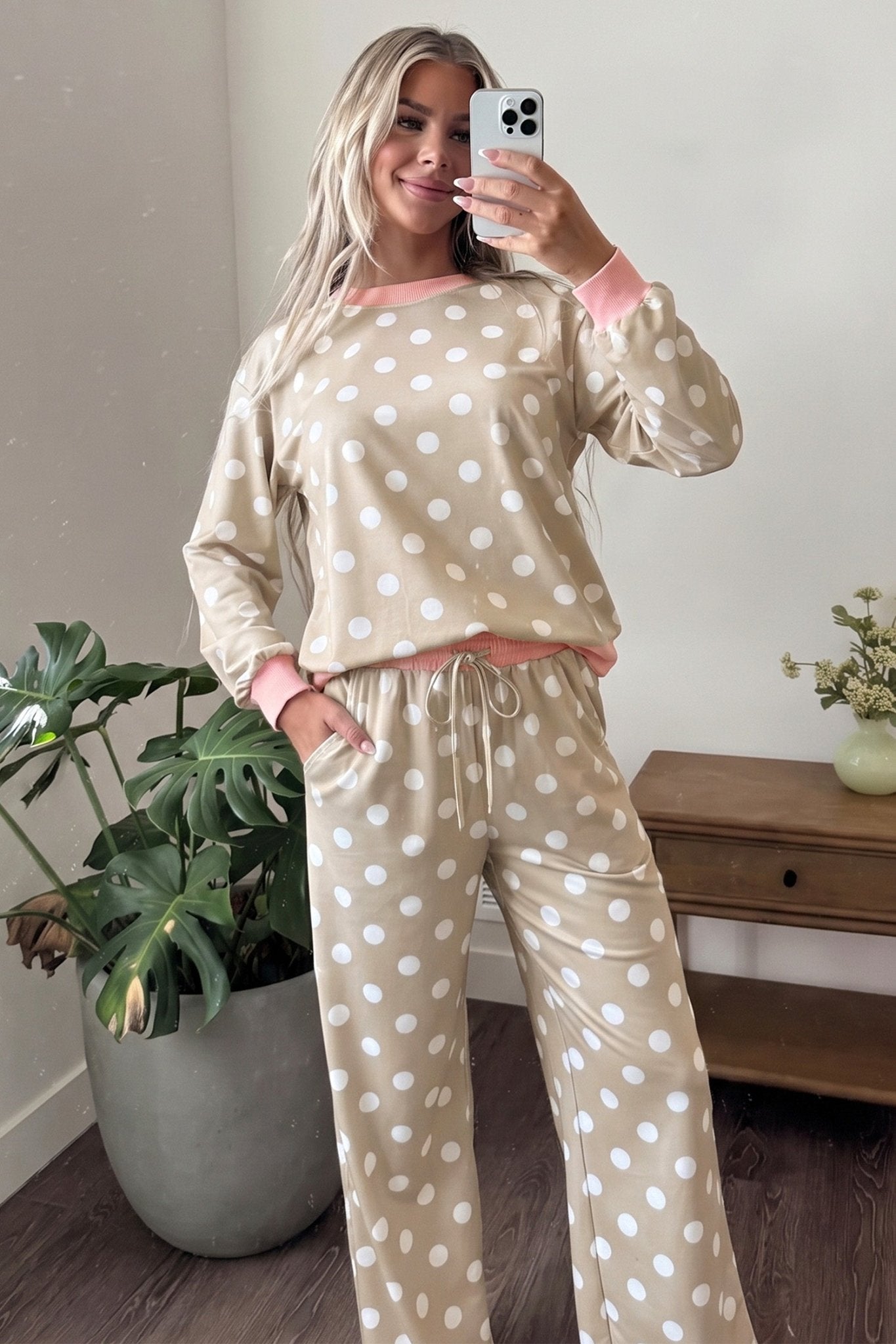 Polka Dot Pink Trim Sweatshirt Pants Set | Zarnesh
