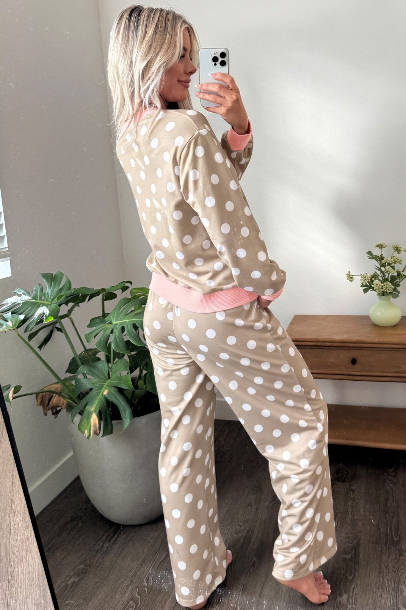 Polka Dot Pink Trim Sweatshirt Pants Set | Zarnesh