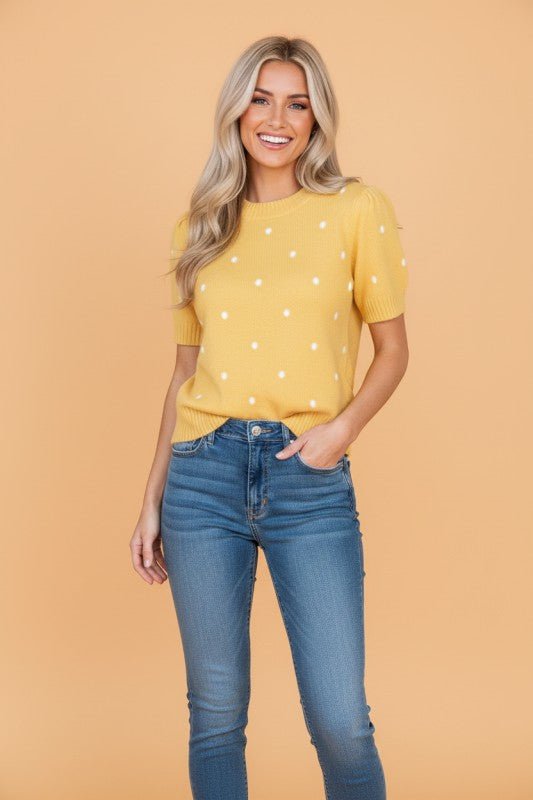 Polka Dot Short Bubble Sleeve Sweater Top | Zarnesh