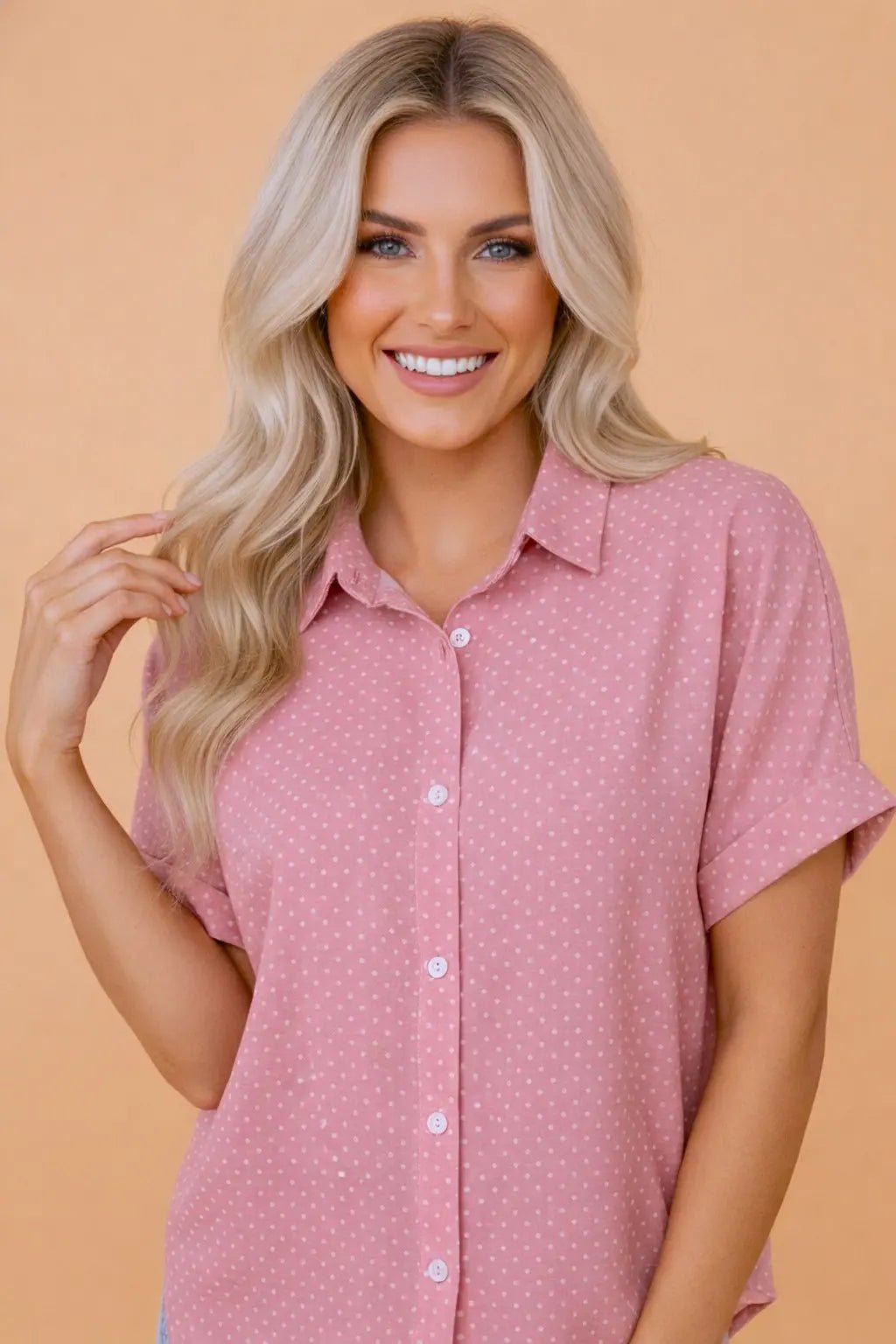 Polka Dotted Cuffed Buttoned Short Sleeve Blouse | Zarnesh