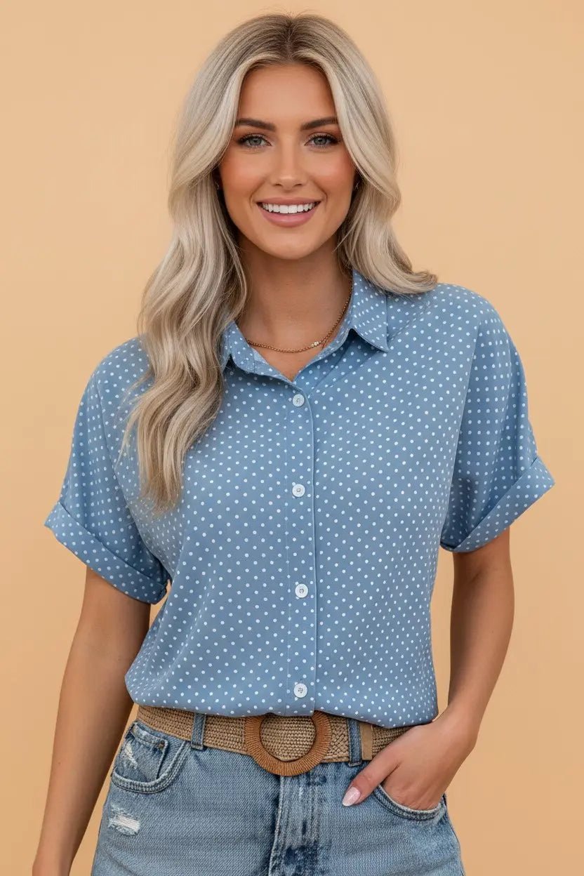 Polka Dotted Cuffed Buttoned Short Sleeve Blouse | Zarnesh