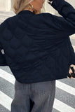 Black wavy quilted puffer jacket with ribbed collar, back view