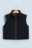 Black quilted zip up vest with stand collar on a hanger, front view