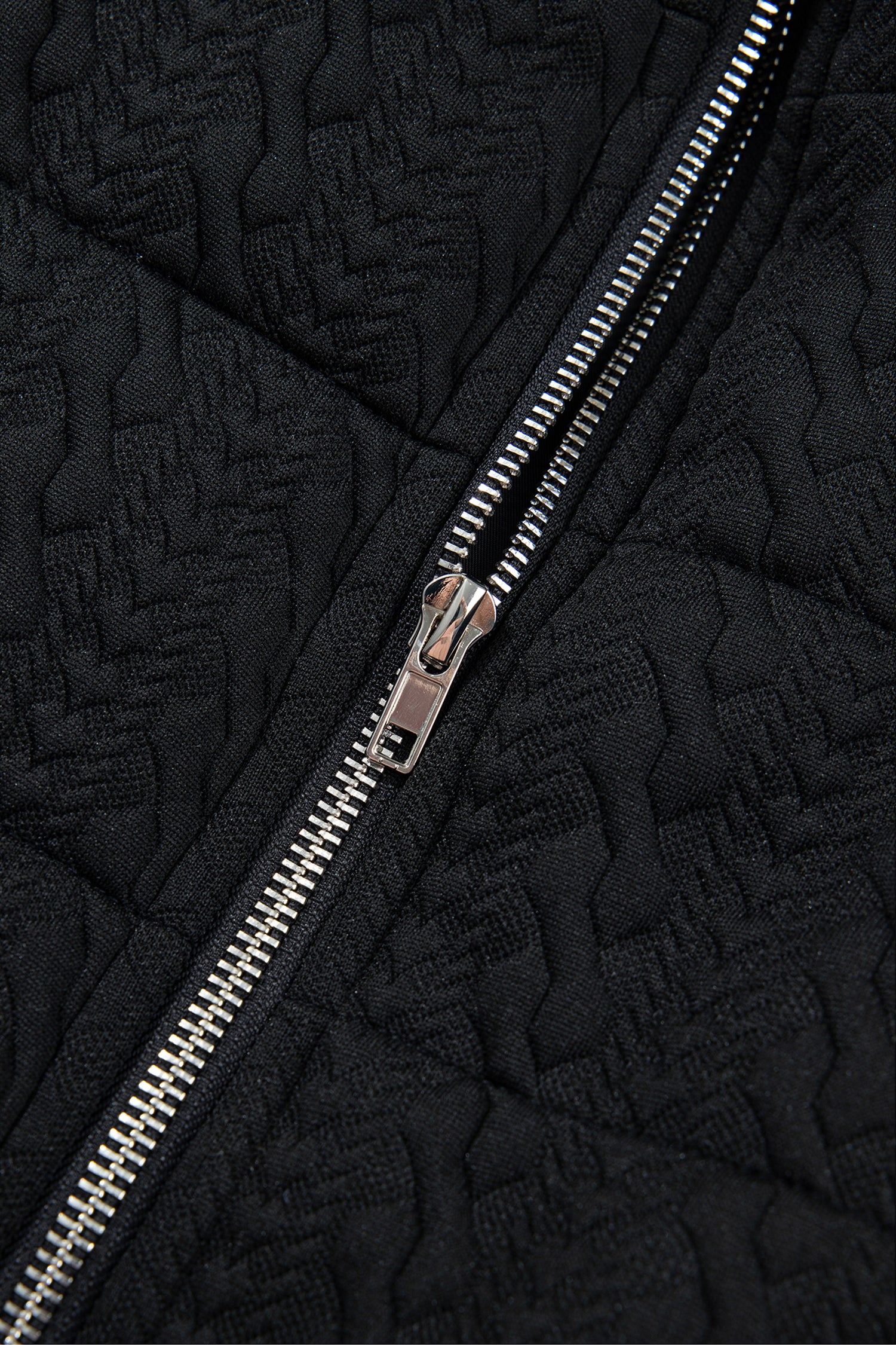 Black cable textured quilted vest with silver zipper close-up