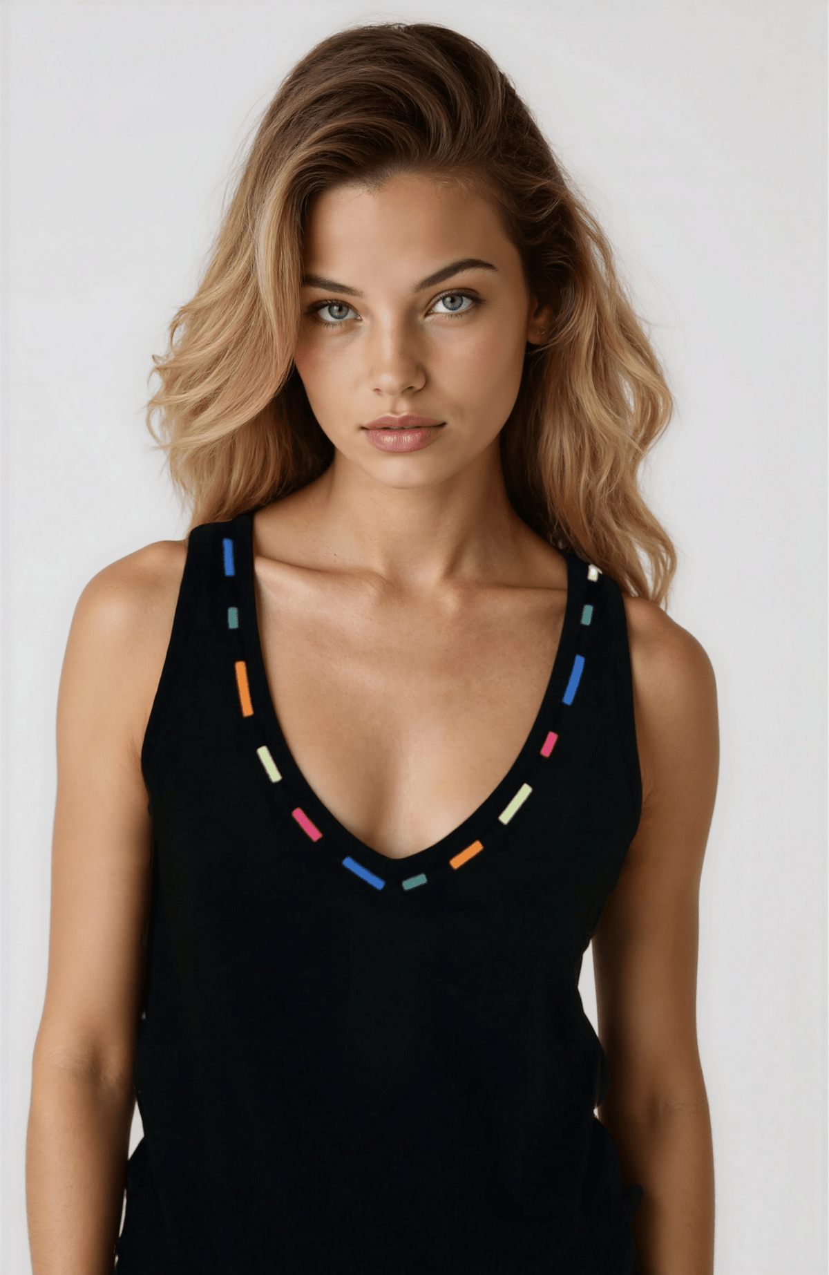Woman wearing a black sleeveless top with colorful accents on a white background