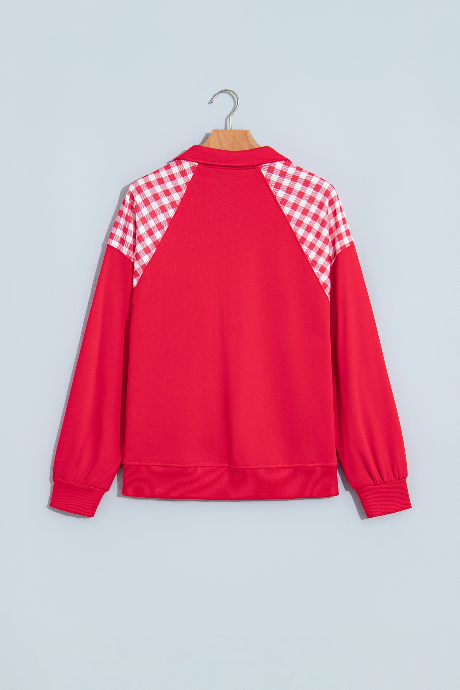Racing red plaid quarter zip sweatshirt, back view with gingham shoulders