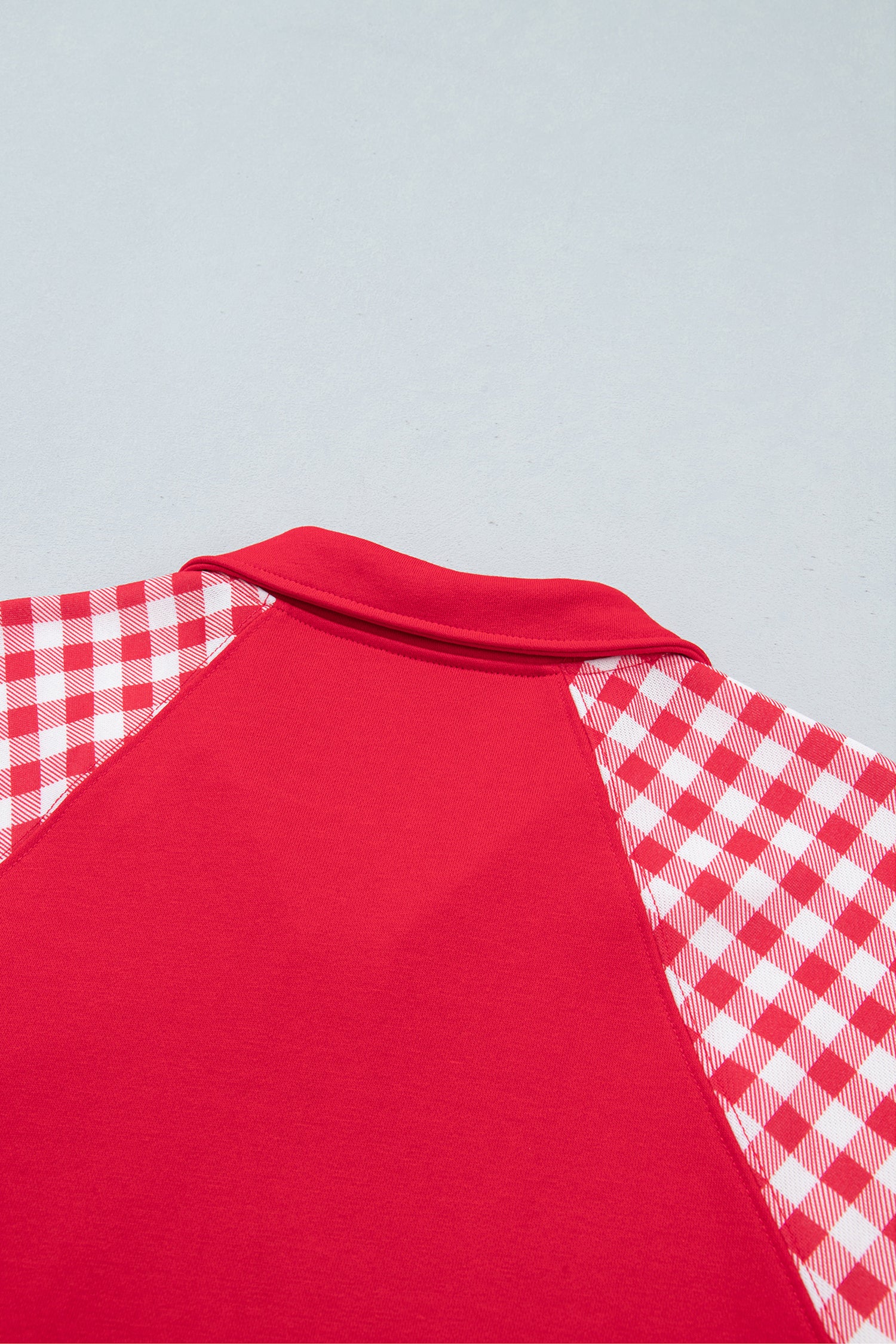 Racing red sweatshirt back collar and gingham raglan seams