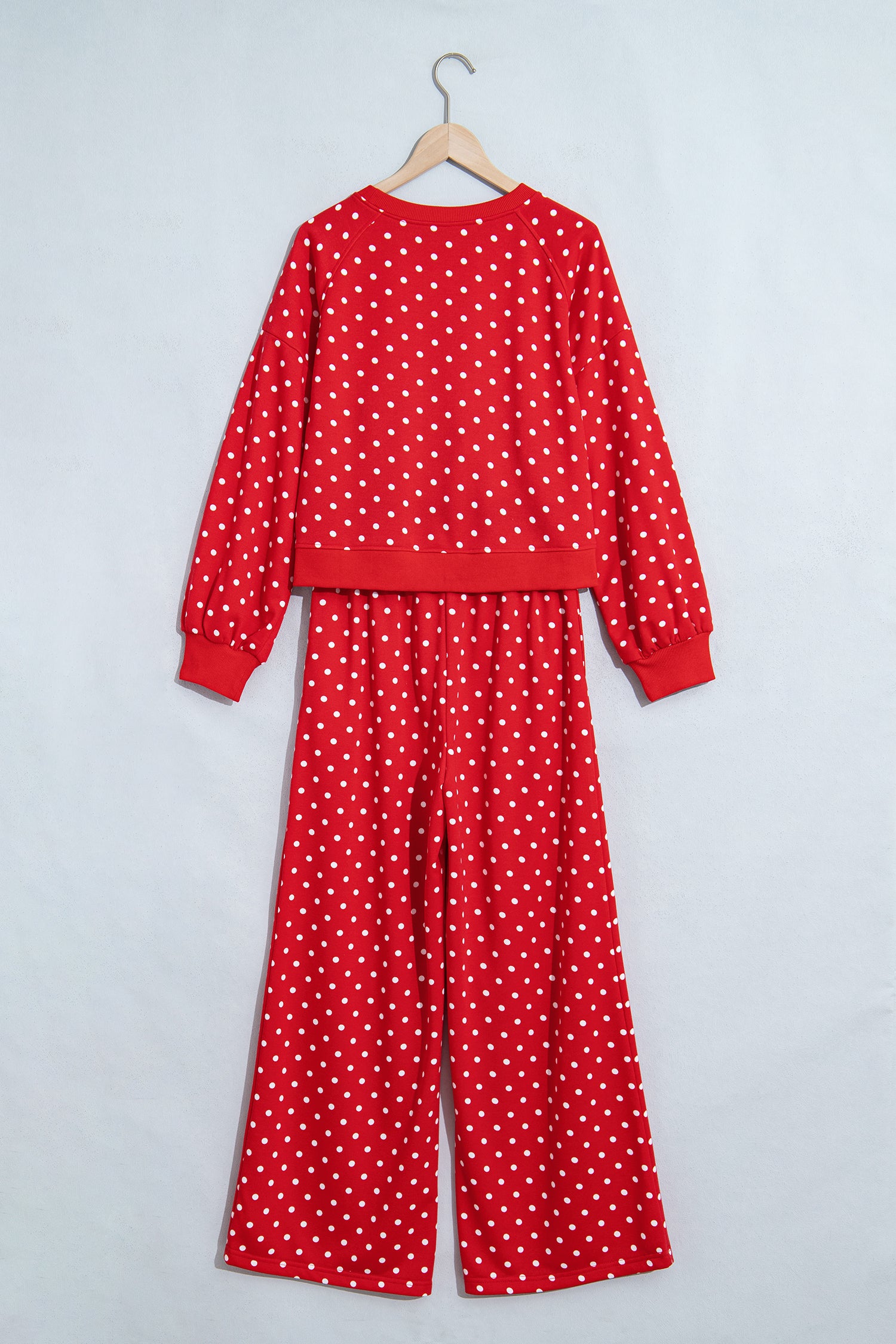 Red polka dot top and wide leg pant set on a hanger, back view