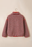 Red striped sherpa pullover on a hanger, back view
