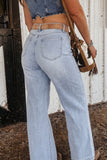 Light wash high waist wide leg jeans with back pockets, back view
